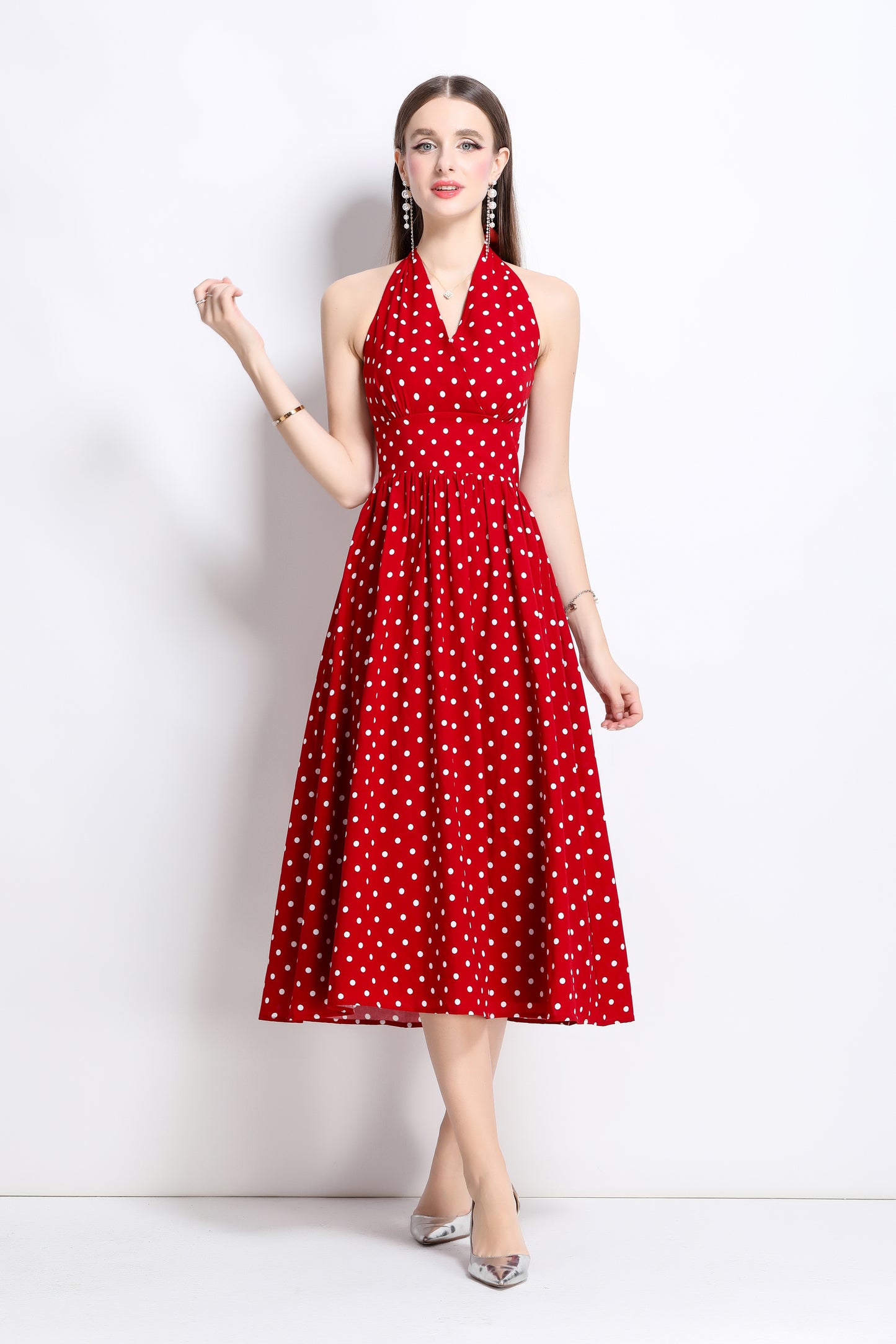 Women's Polka Dot Halter V Neck Backless Midi Dress