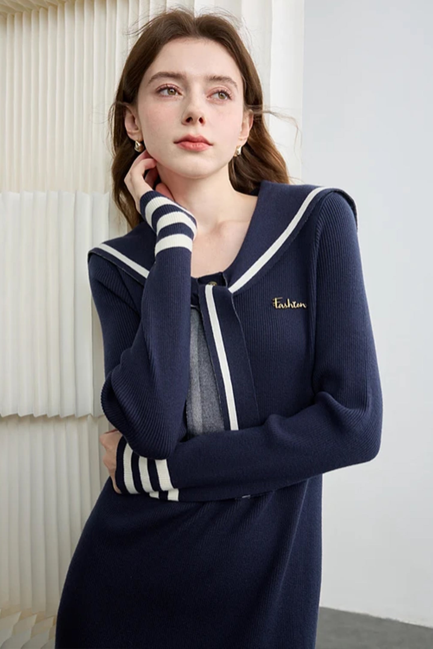 Women's V-Neck Sailor Stripe Sweater Knit Midi Dress