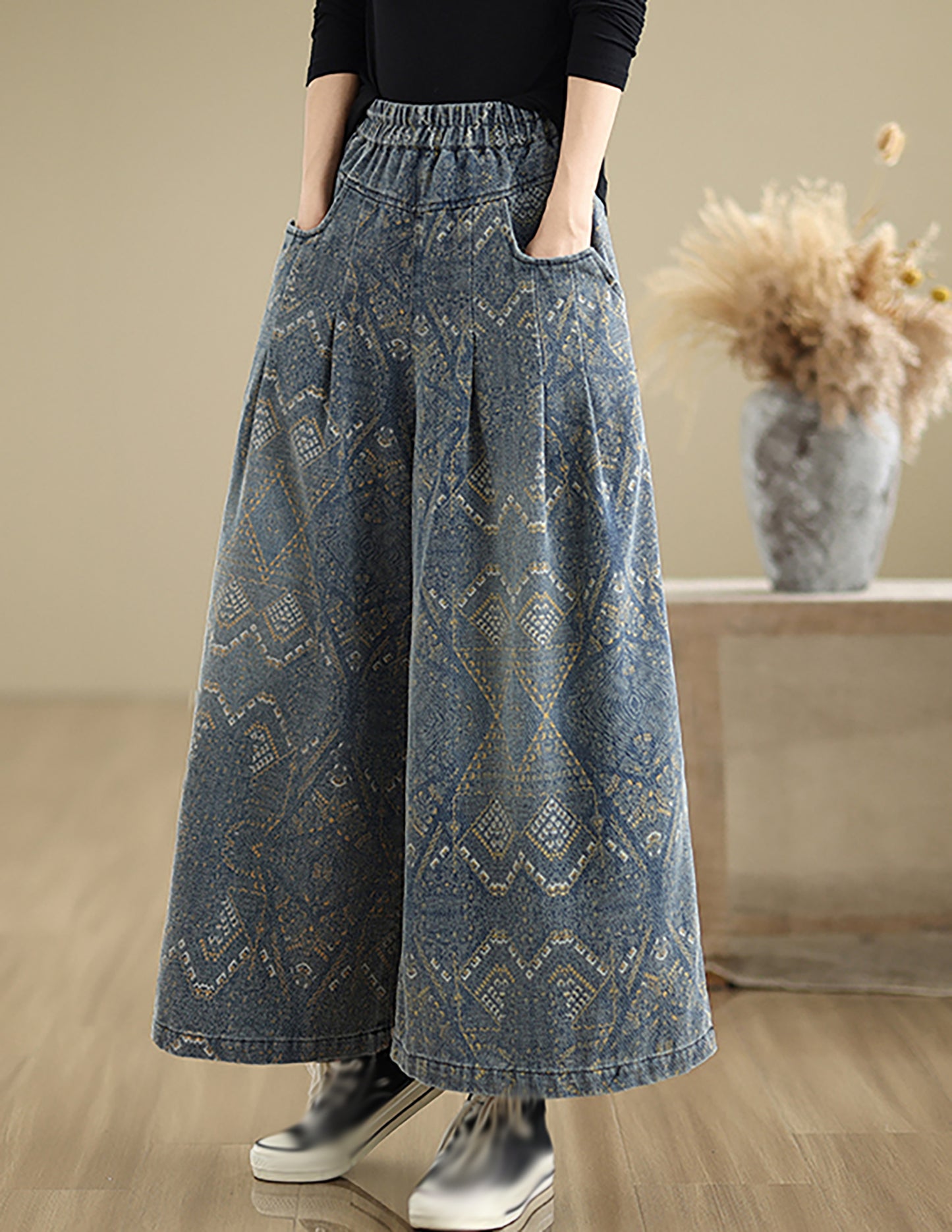 Loose Elastic Waist Wide Leg Denim Pants