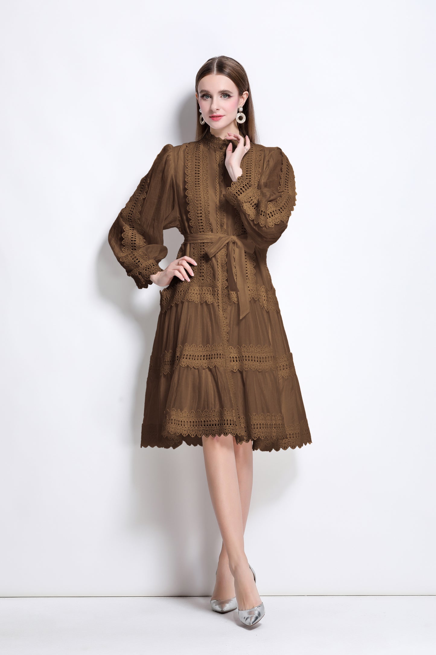 Women's Hollow Lace Lantern Sleeves Midi Dress