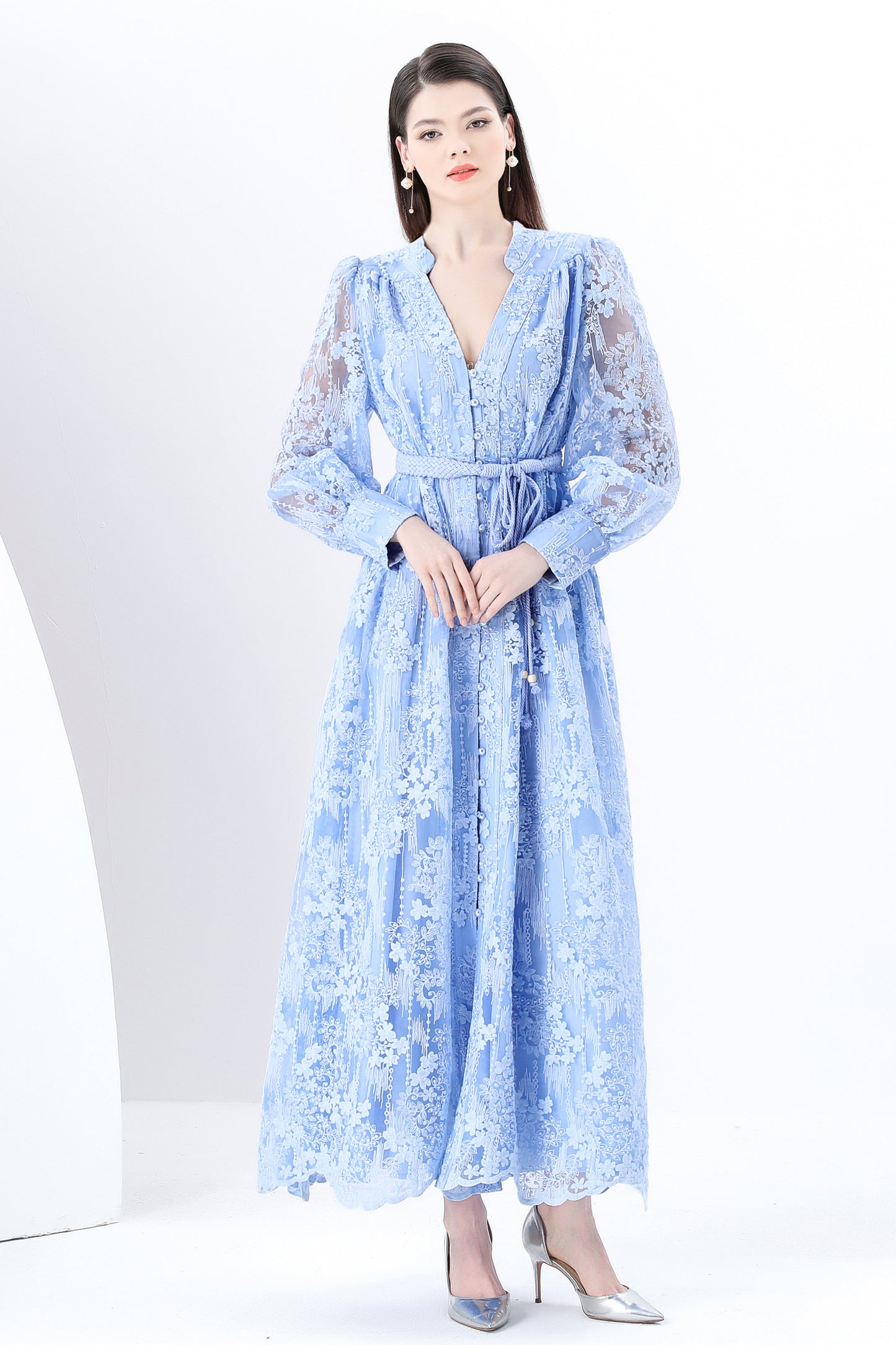 Women's V-Neck Lace Lantern Sleeve Mesh Maxi Dress