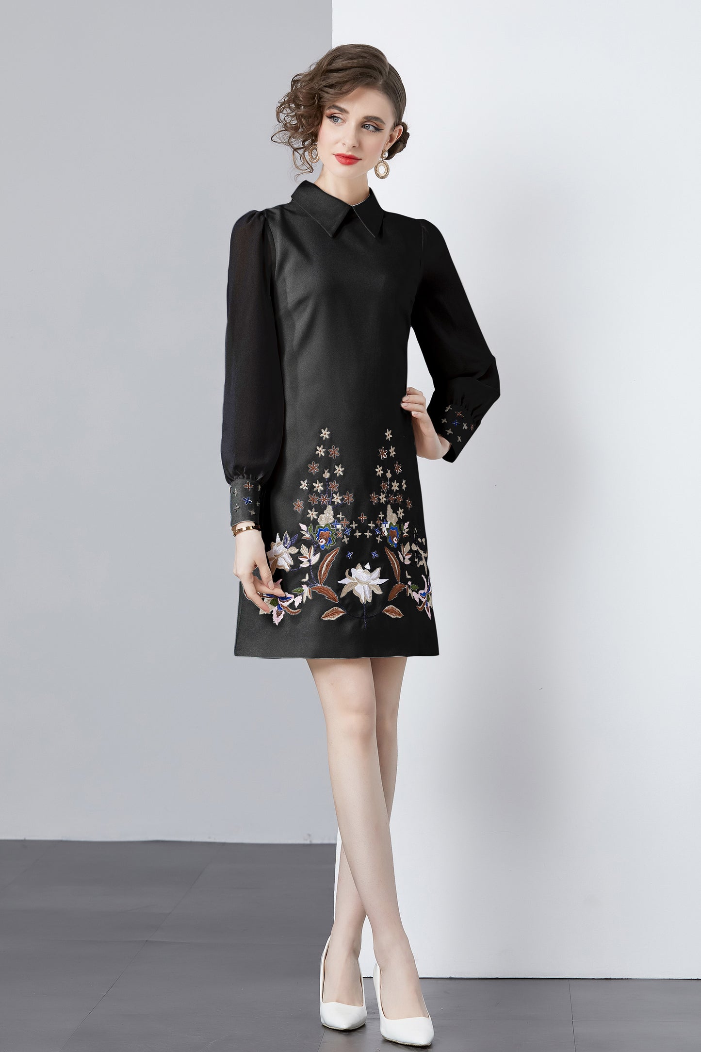 Vintage Women's Elegant Embroidered Hight Neck Mini Dress - LAI MENG FIVE CATS