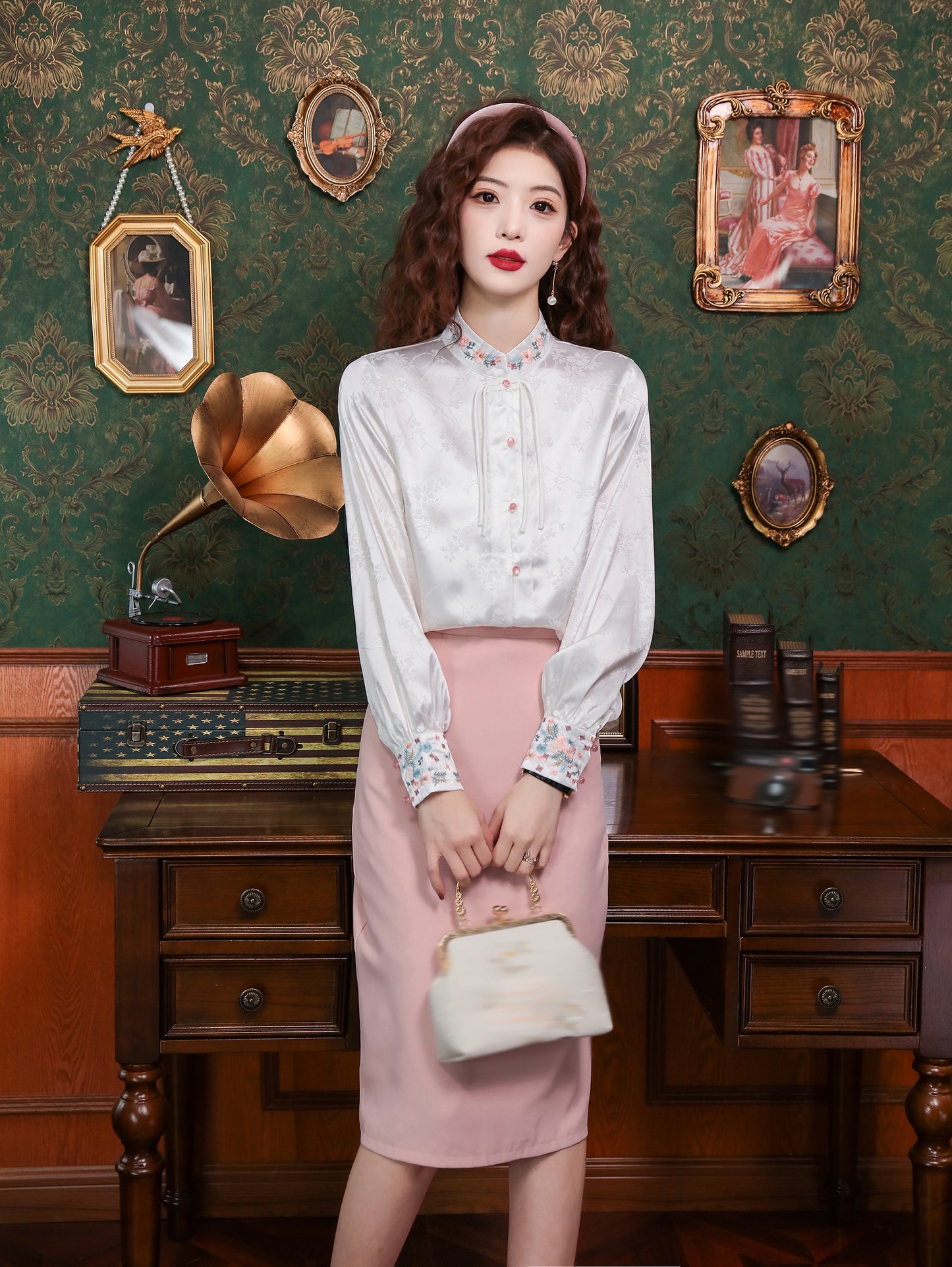 Women's Silk Satin Top Embroidered Jacquard Shirt