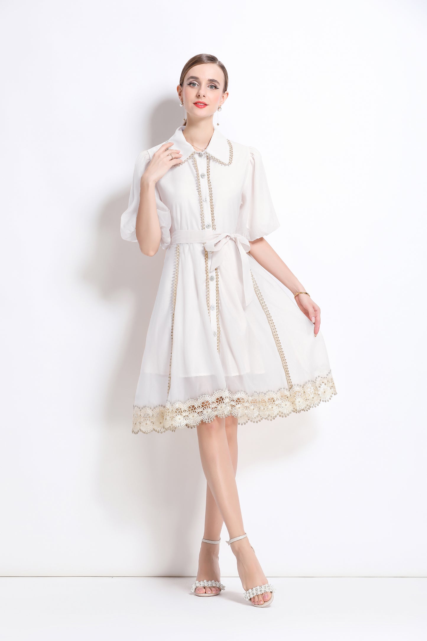 White Lace Trim Organza Mini Dress