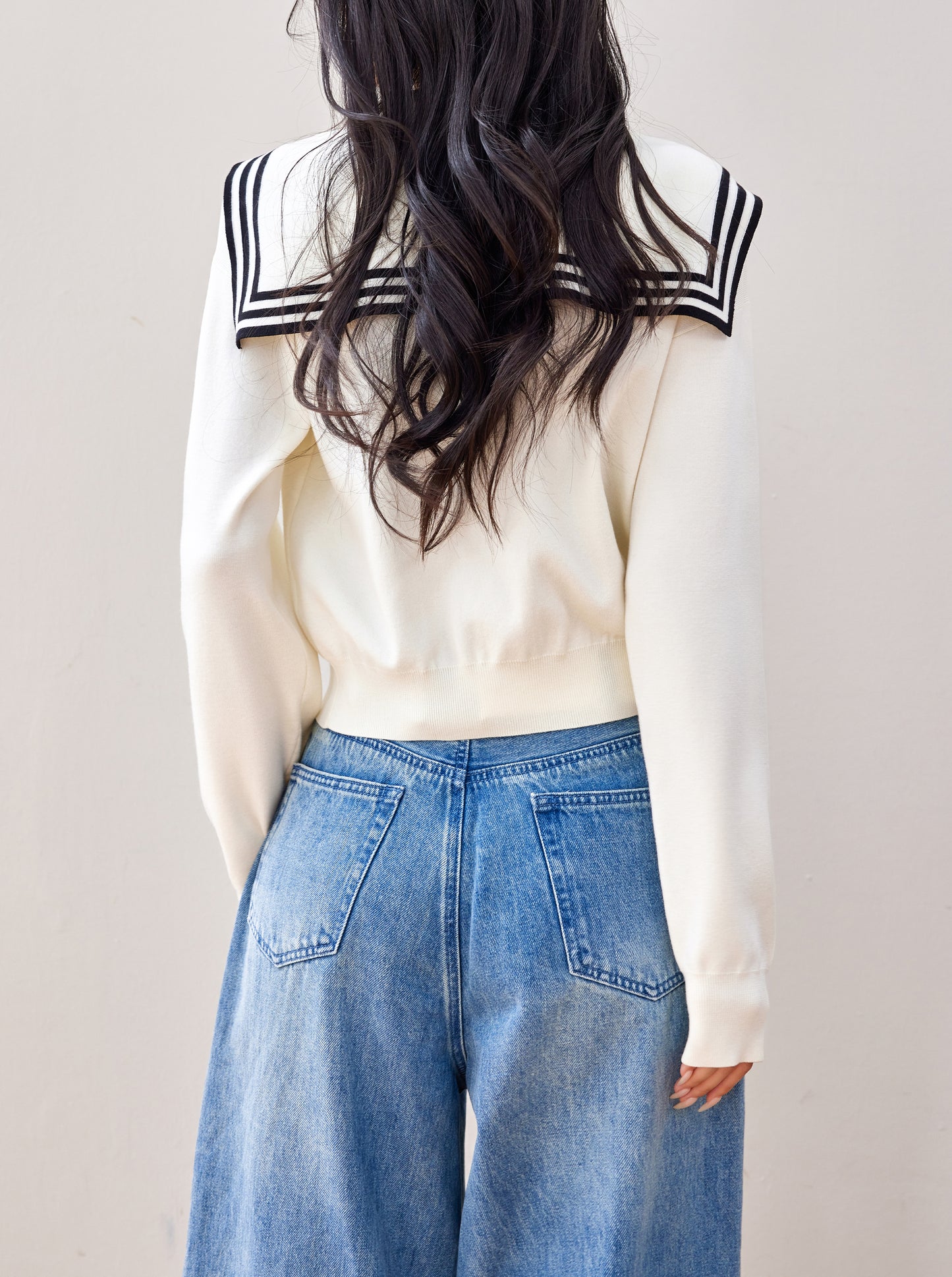 Women's Sailor Collar V-Neck Stripe Button Knit Top