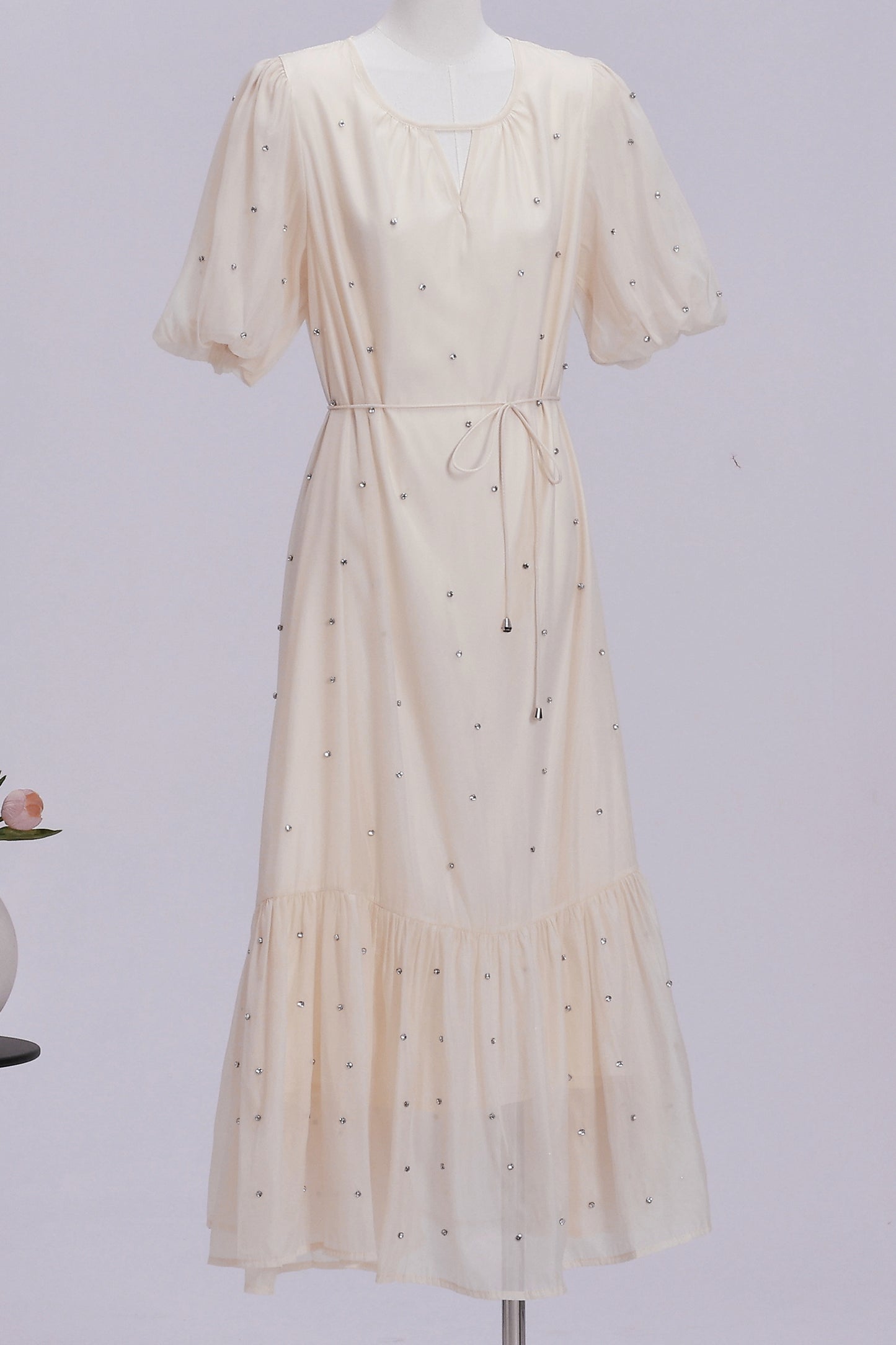 Women's Beaded Ruffled Puff Sleeve Maxi Dress