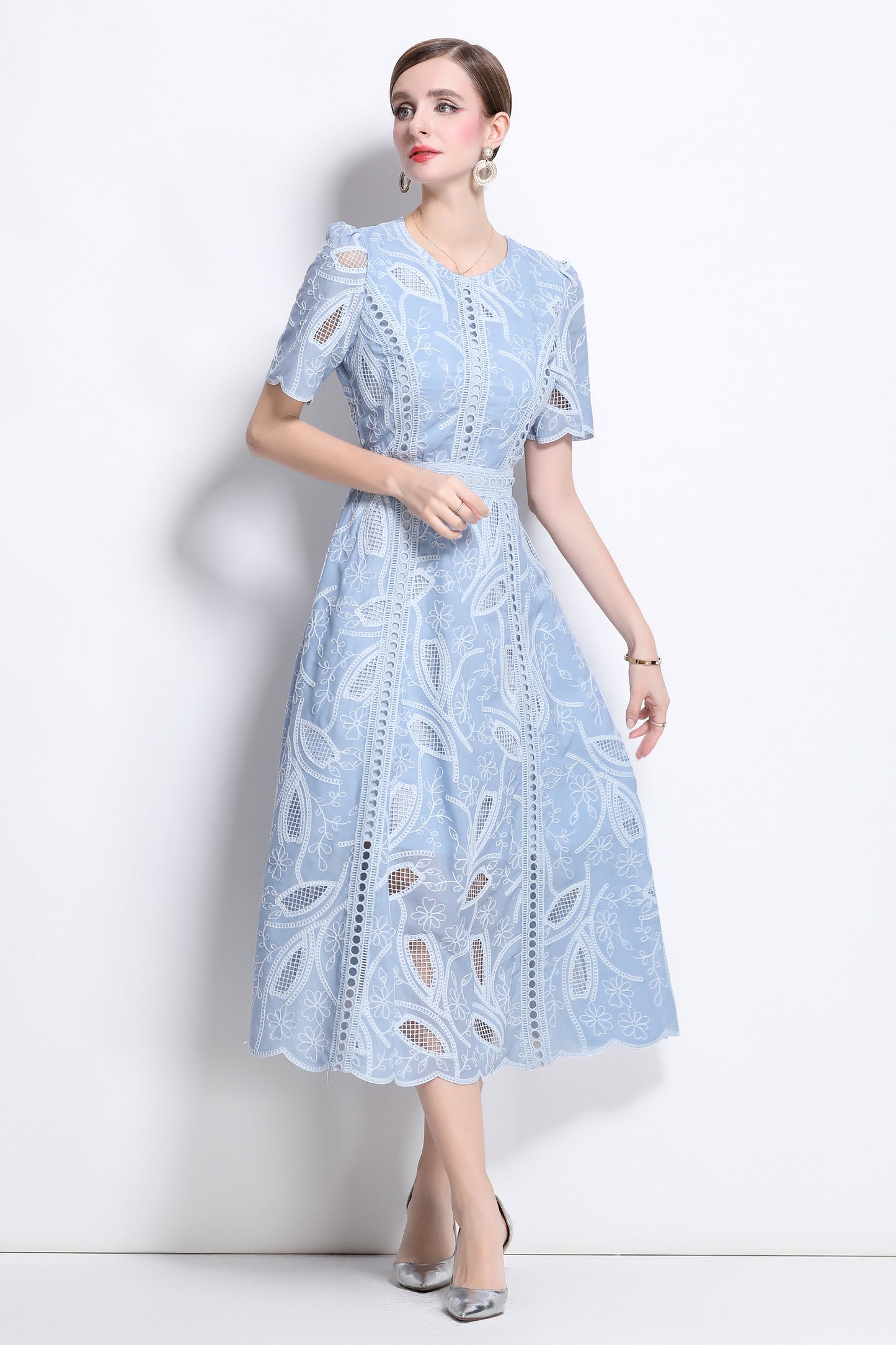Women's Floral Lace Short Sleeve Evening Midi Dress