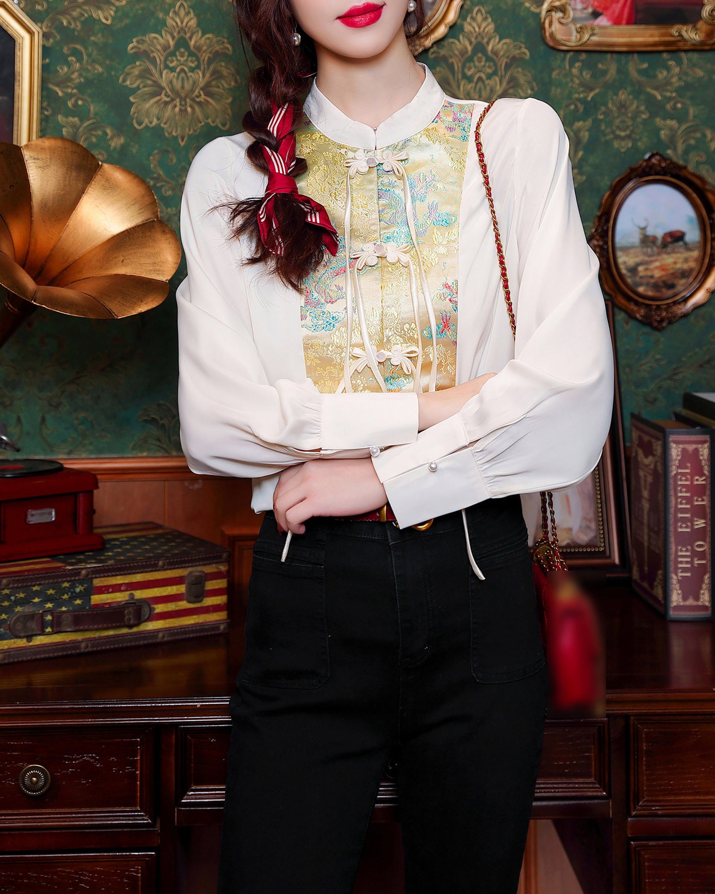 Women's Vintage chinese Silk Satin Top Embroidery Jacquard Blouses - LAI MENG FIVE CATS