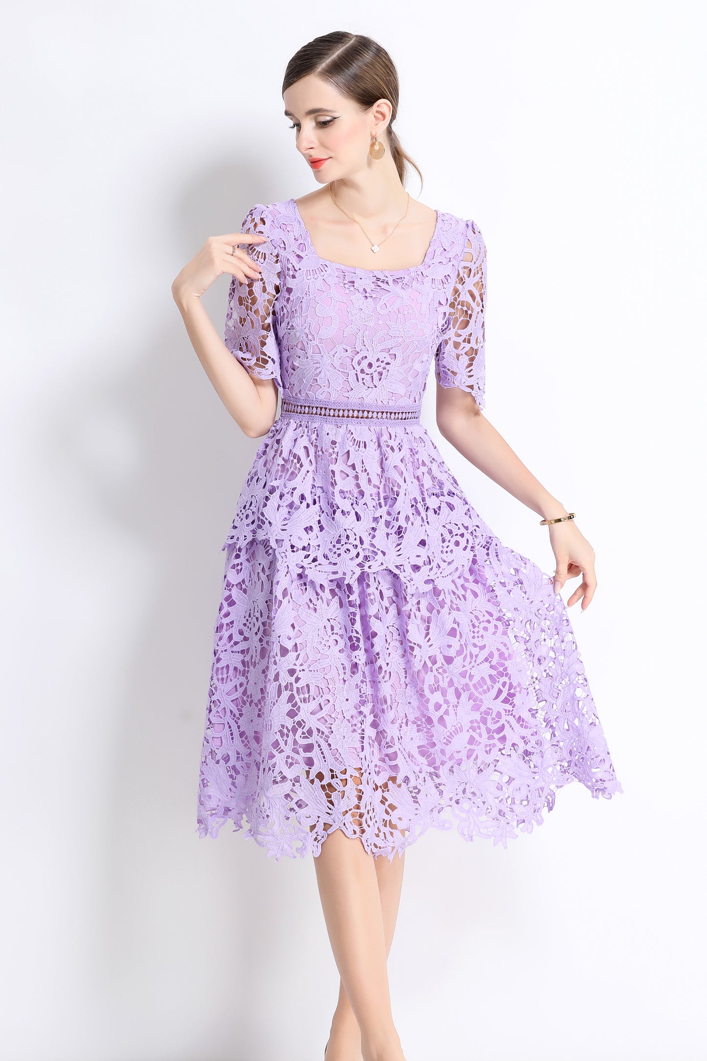 Women's Lace Square Neck Sort Sleeve Midi Dress