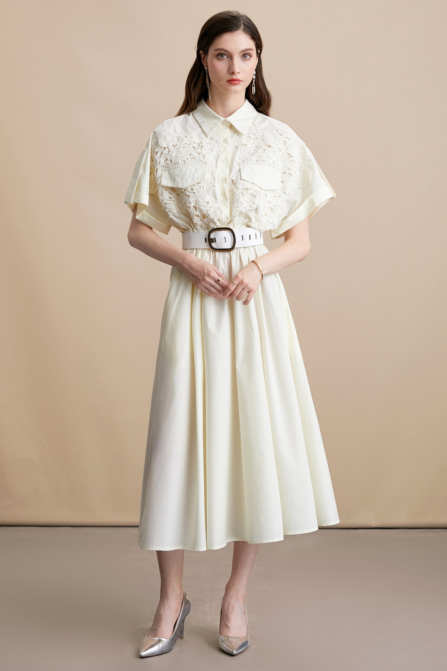 Women's Lace Collar Short Sleeves Pocket Midi Dress