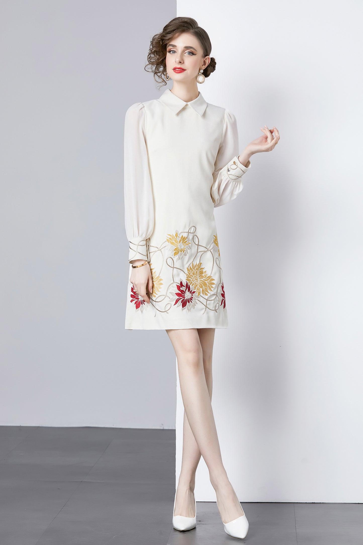 Vintage Women's Elegant Embroidered Hight Neck Mini Dress - LAI MENG FIVE CATS