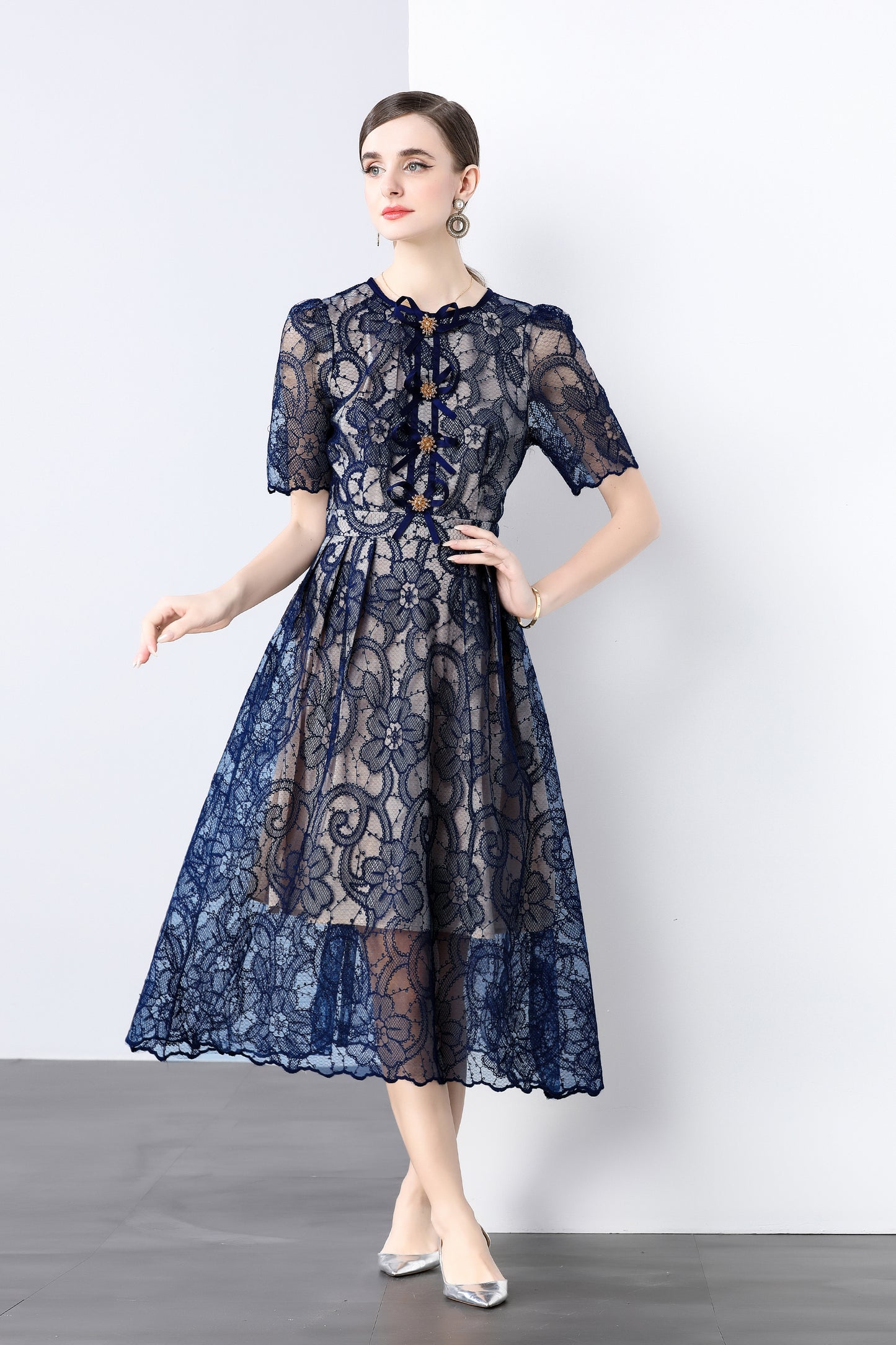 Navy Lace Bow Midi Dress – Classy Feminine Occasion Dress