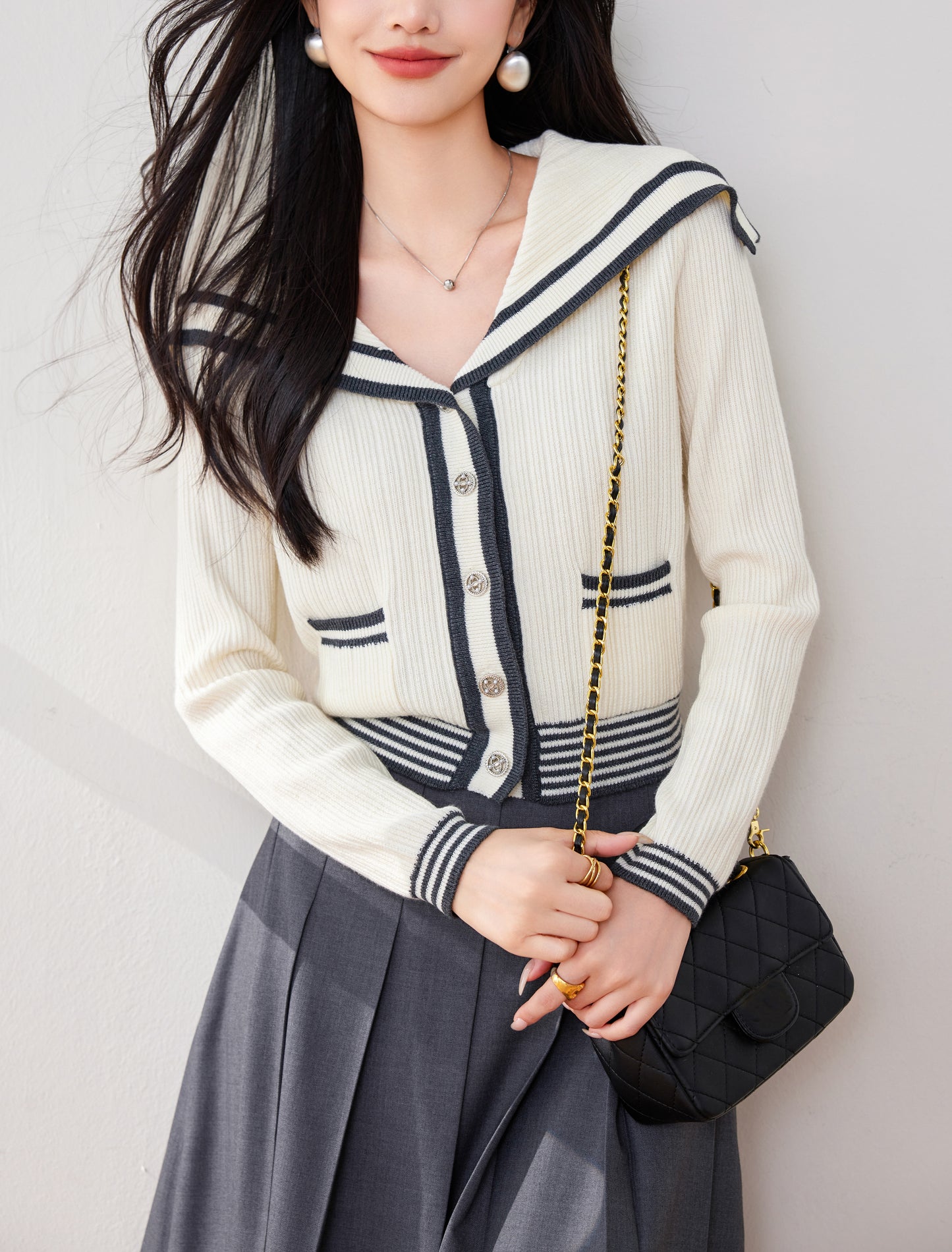 Women's Sailor Collar V-Neck Stripe Button Knit Top