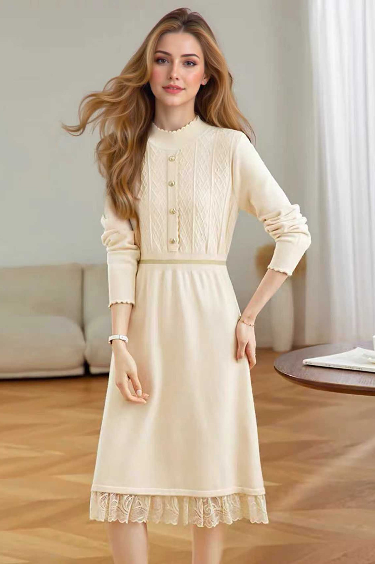 Women's Turtleneck Sweater Knit Lace Trim Midi Dress