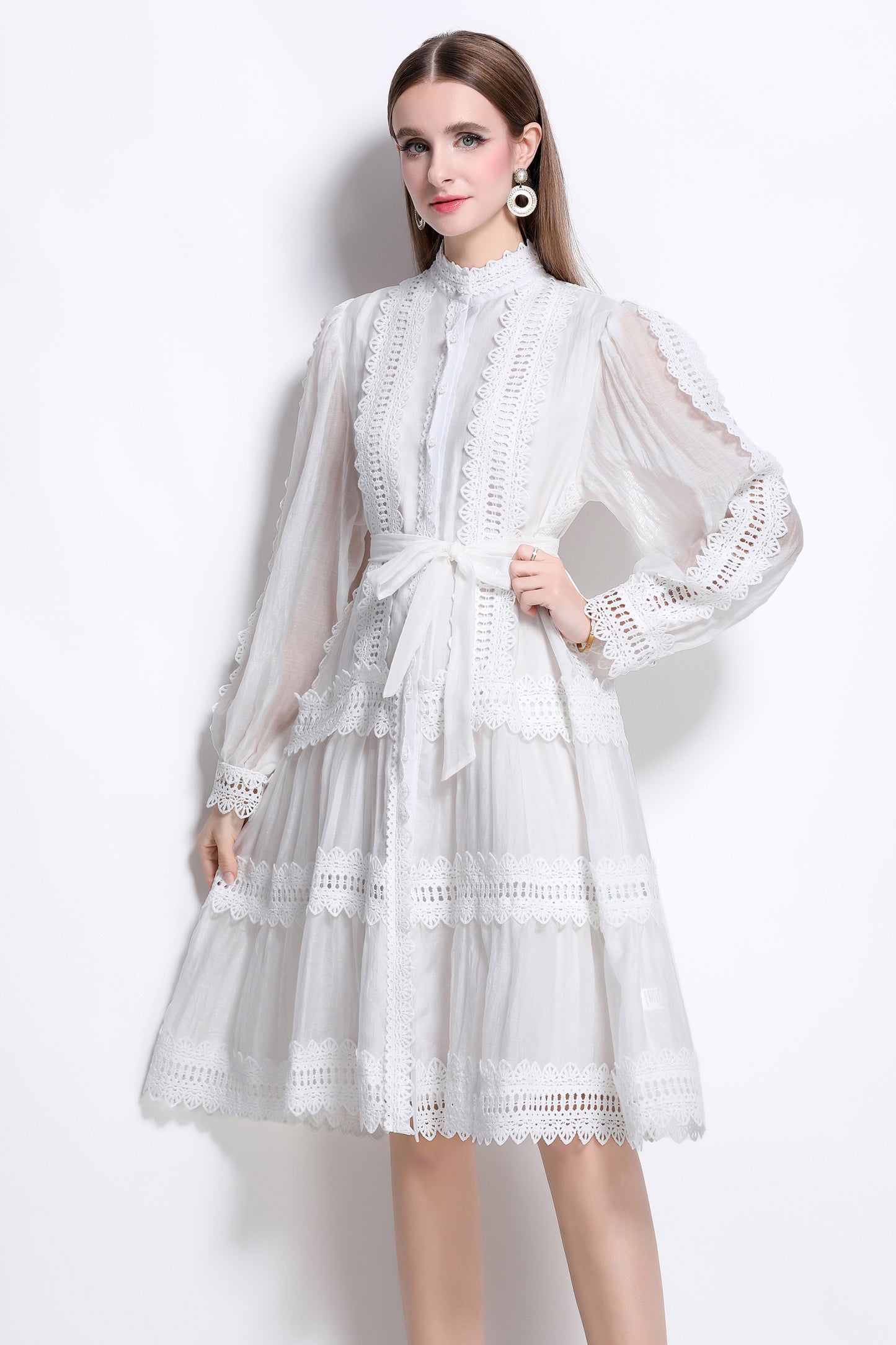 Women's Hollow Lace Lantern Sleeves Midi Dress