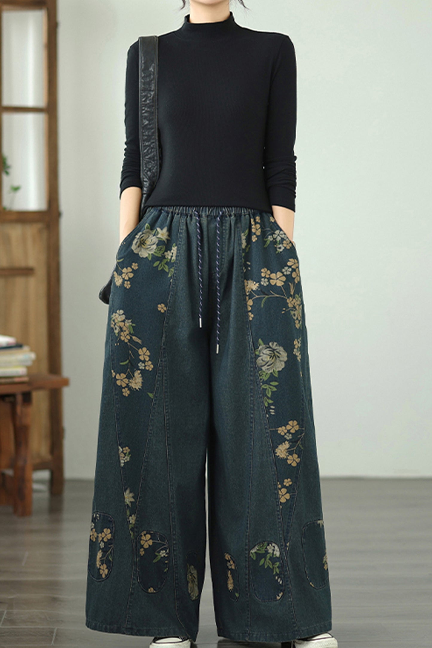 Women's Denim Wide Leg Baggy Jeans Drawstring Pants