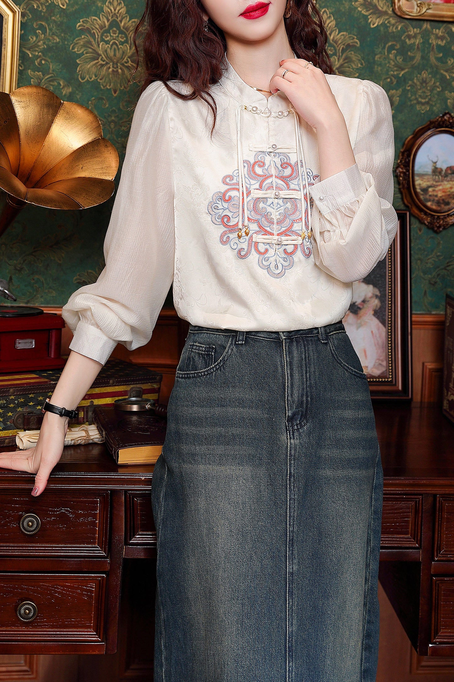 Women's Vintage chinese Silk Satin Top Embroidery Jacquard Blouses - LAI MENG FIVE CATS