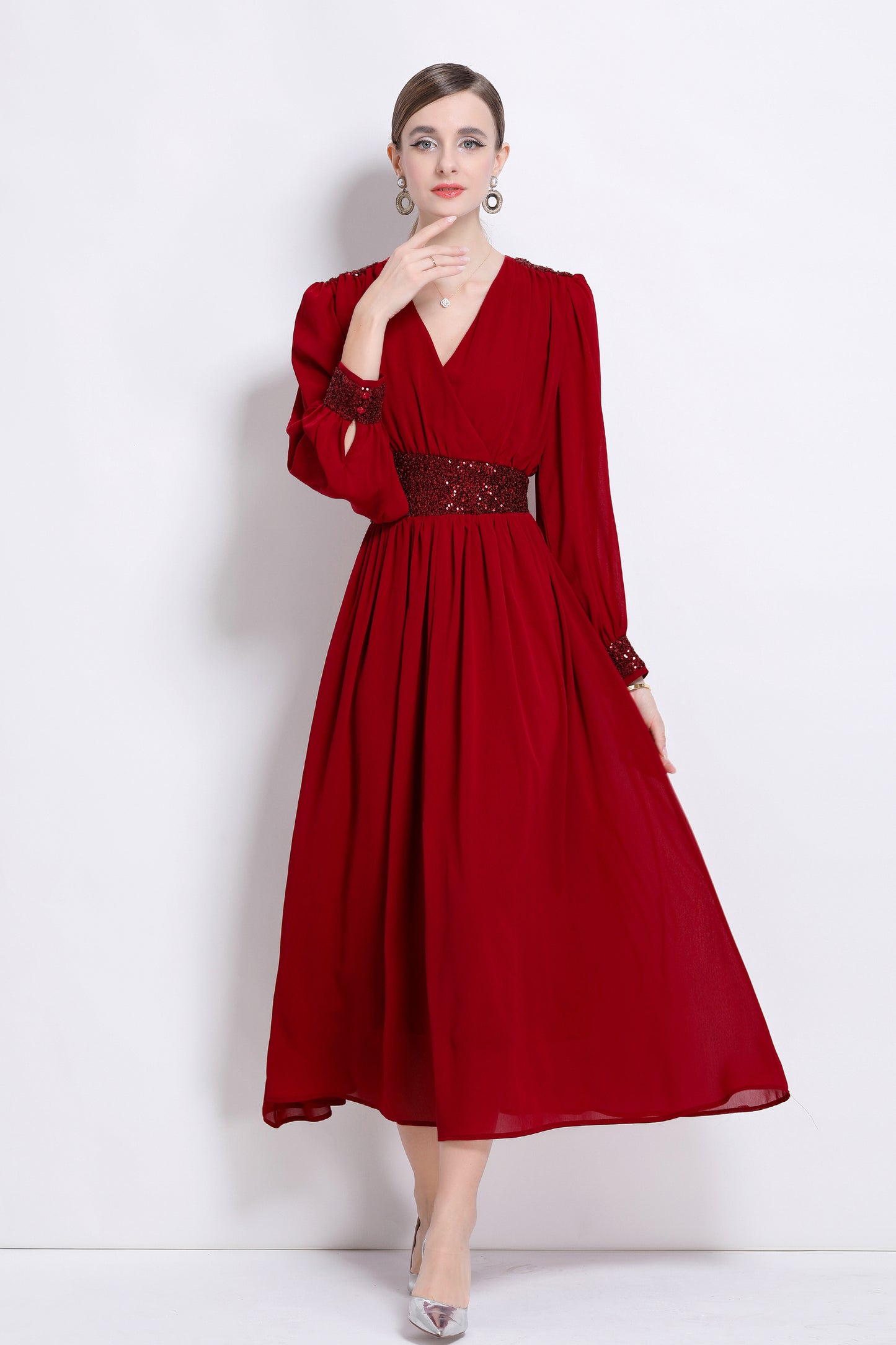 Women's Sequin V-Neck Chiffon Mixi Dresses