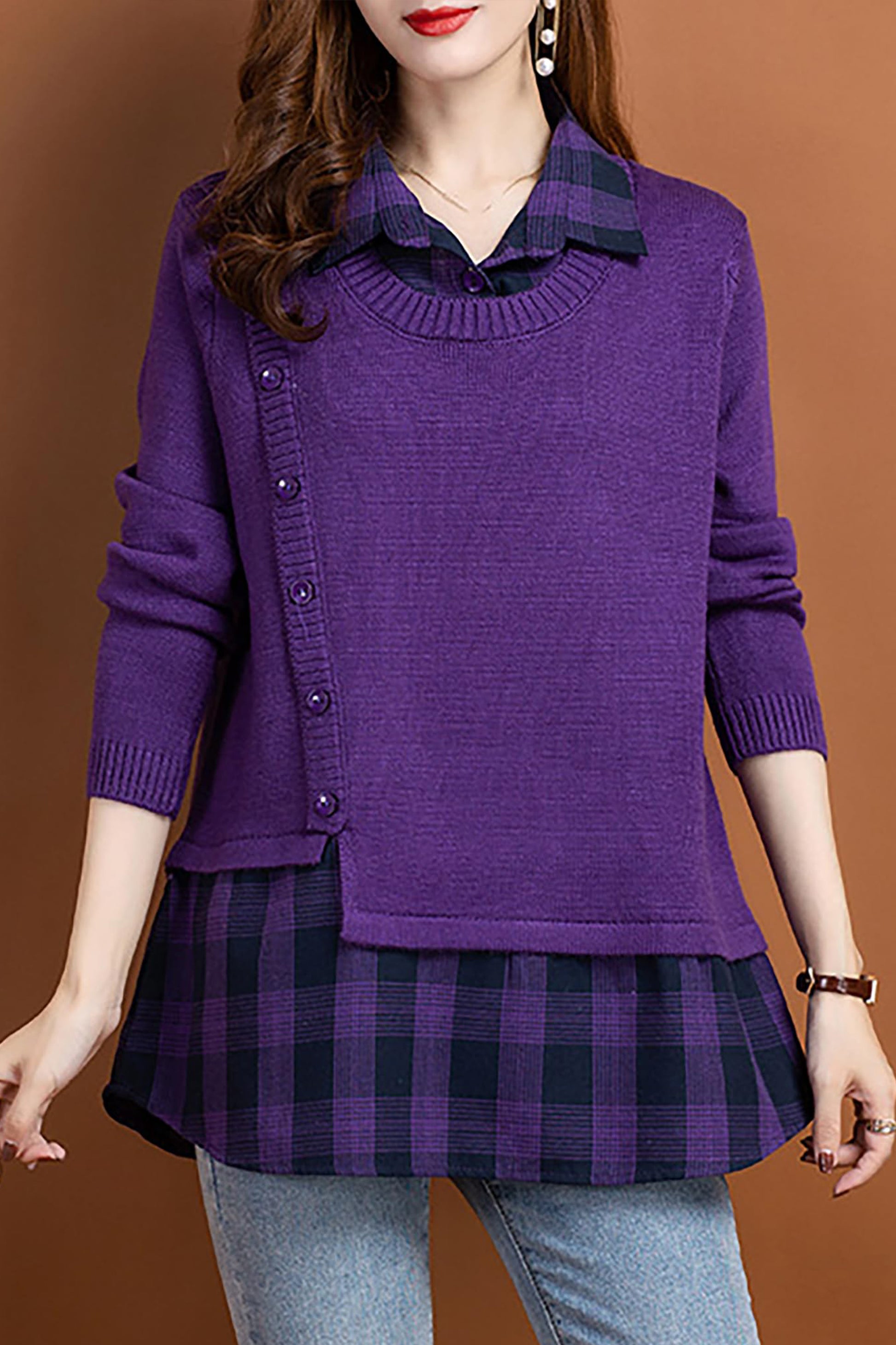 Knit Collar Patchwork Blouse Tops - LAI MENG FIVE CATS