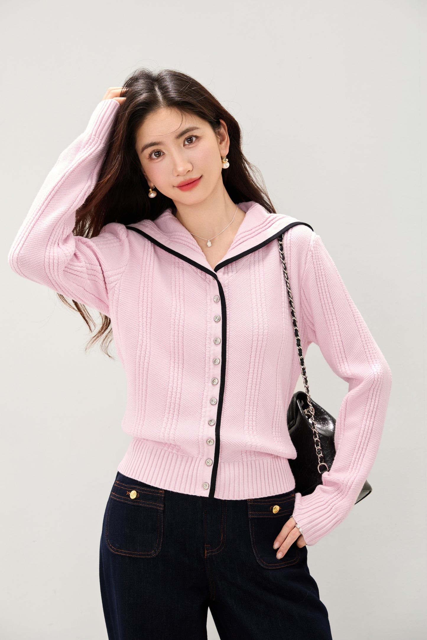 Women's Sailor Collar Long Sleeve Stripe Cardigan Sweater