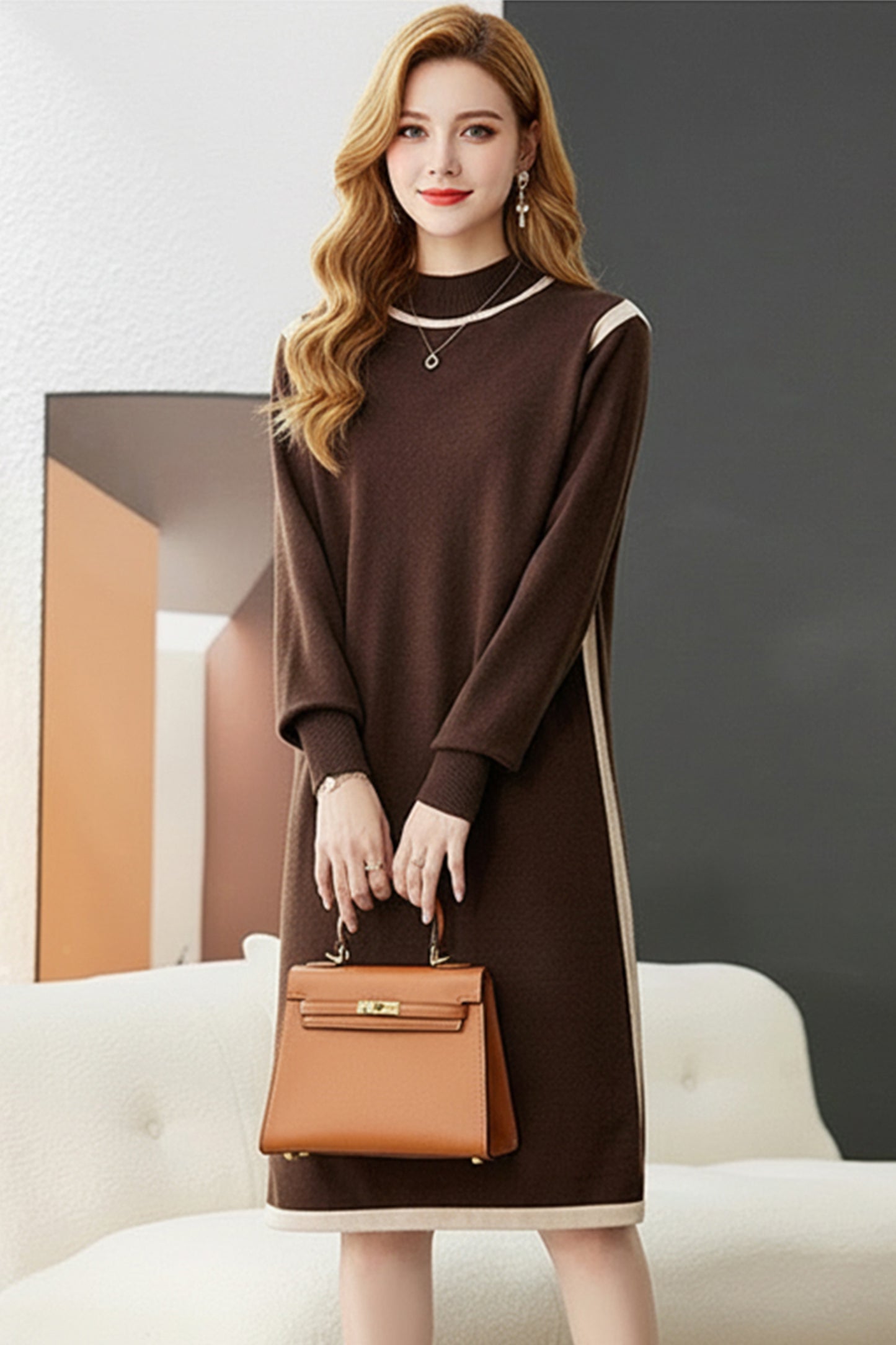 Women's Long Sleeve Sweater Knit Color Block Dress