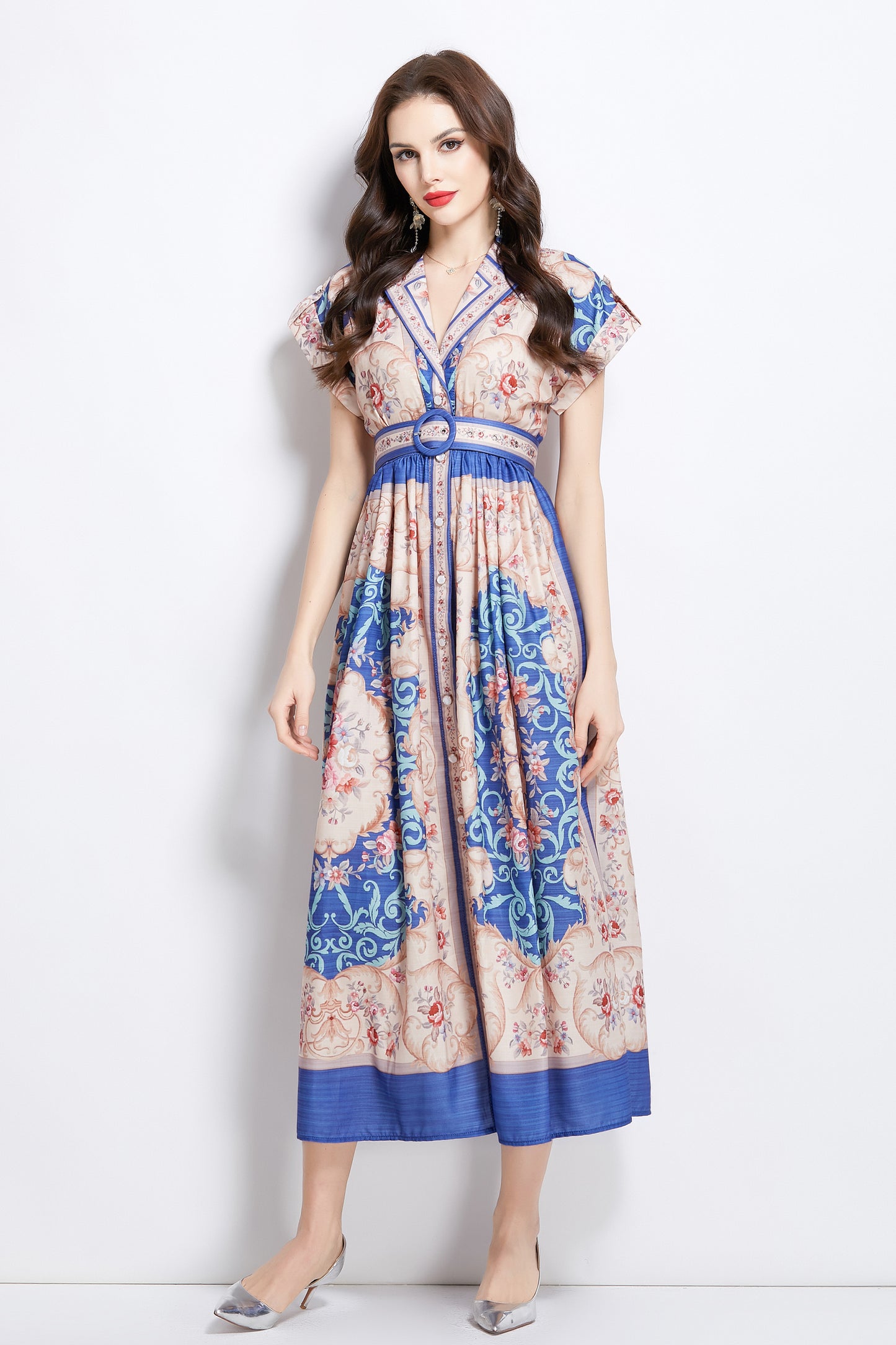Women's Lapel V-Neck Floral Print Maxi Dress