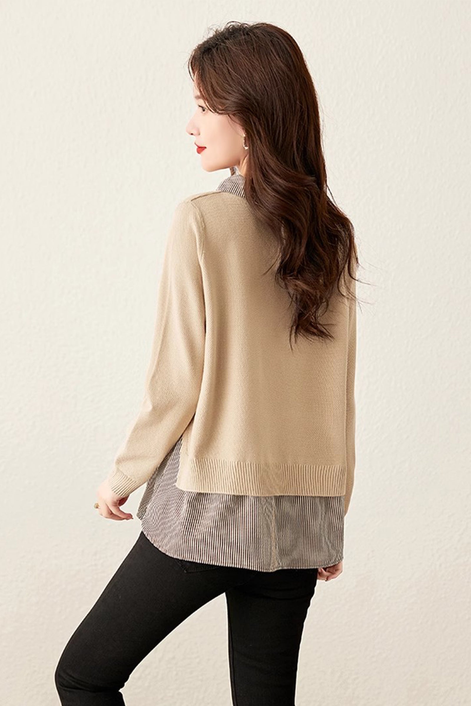 Women's Patchwork Shirt Collar Cotton  Knit Pullover Tops - LAI MENG FIVE CATS