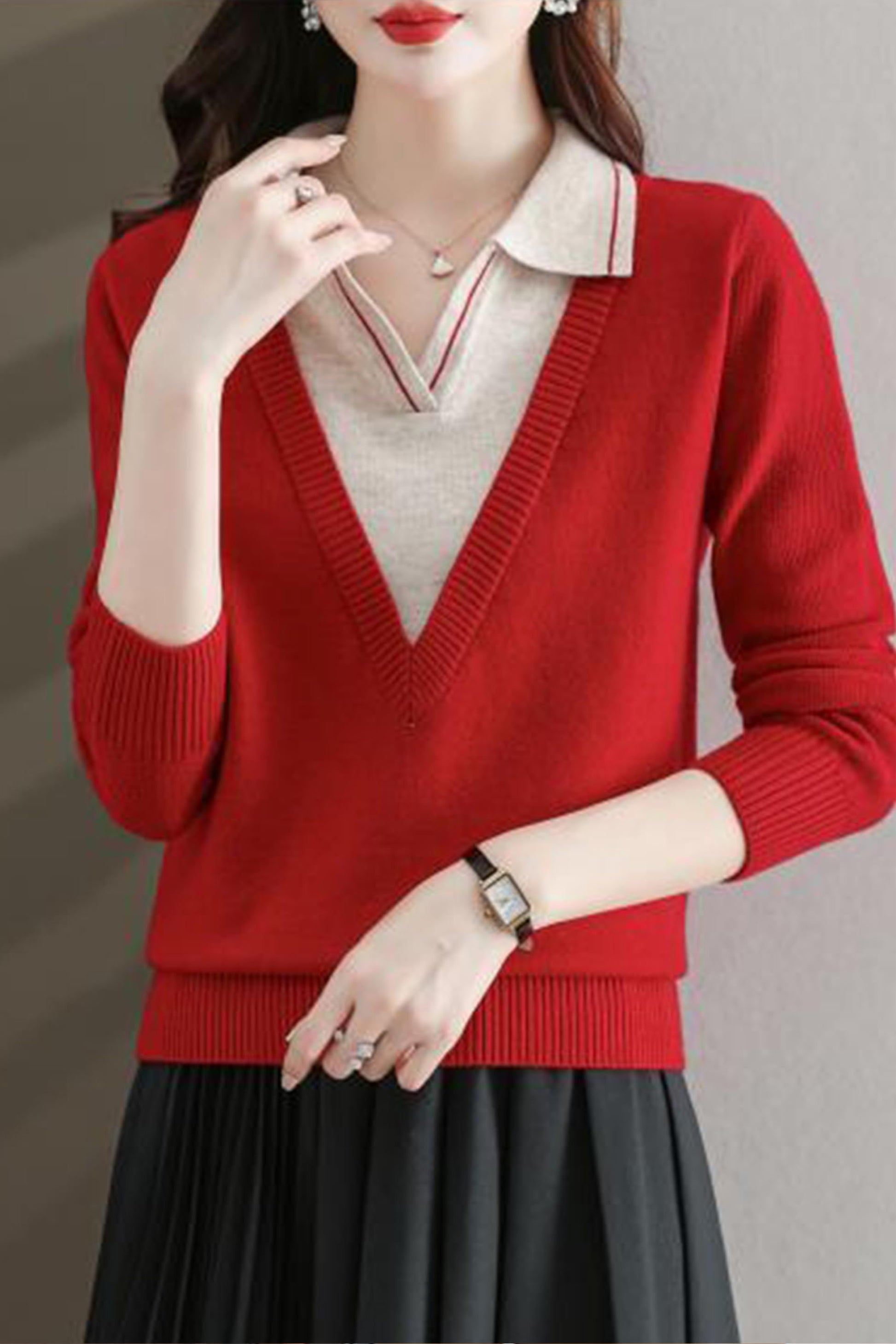 Collar Shirt V-Neck Patchwork Blouse Top - LAI MENG FIVE CATS