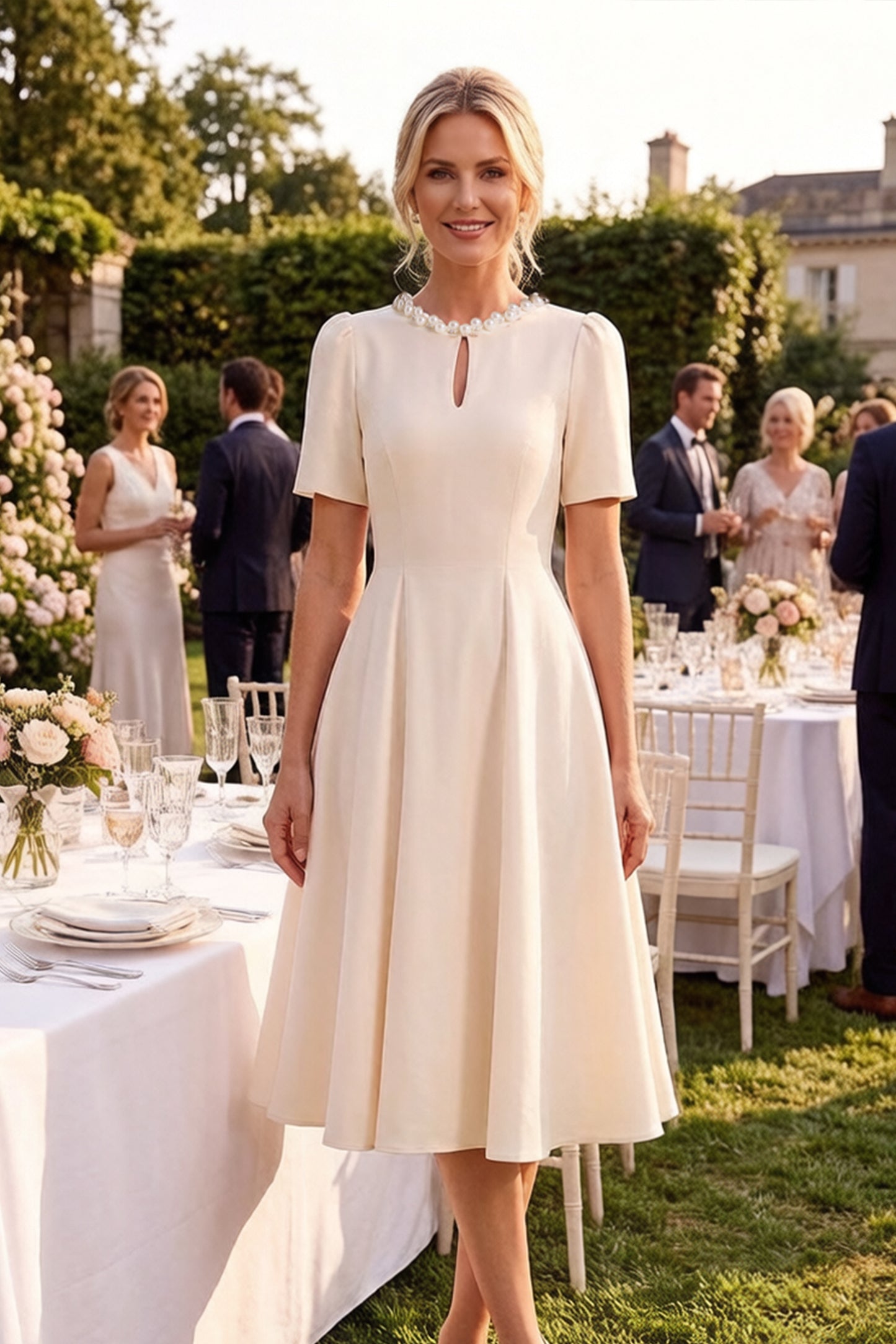 Elegant Pearl-Trim A-Line Midi Dress - LAI MENG FIVE CATS