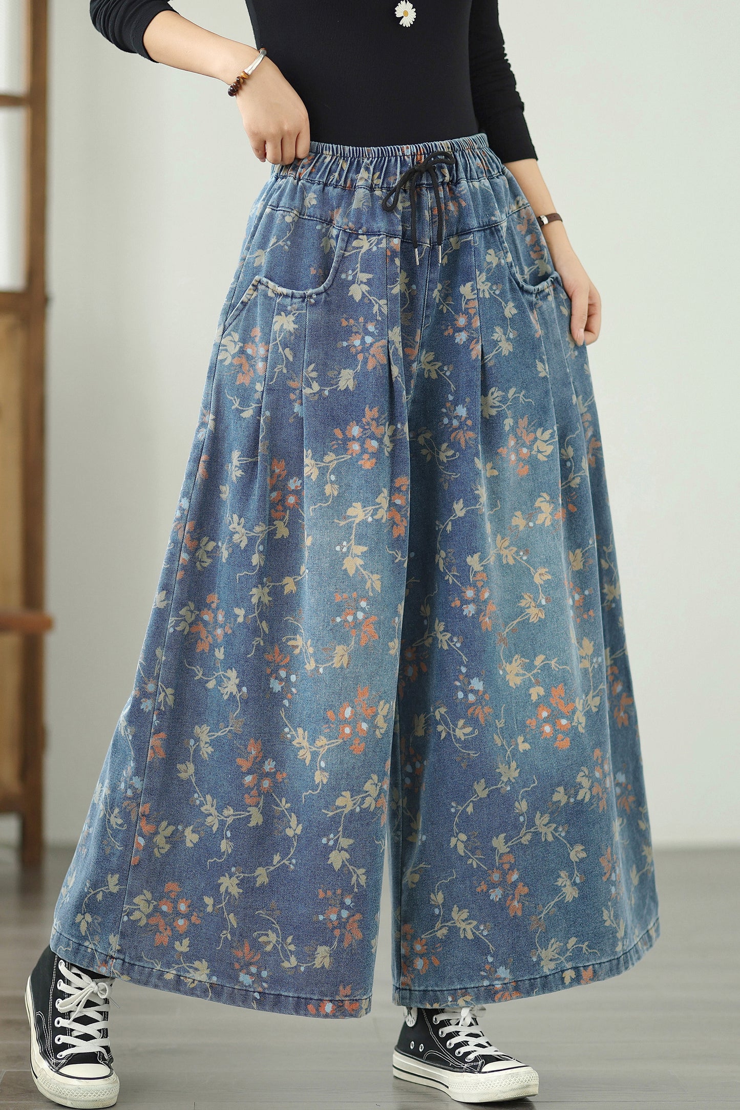 Women's Loose Elastic Waist Wide Leg Denim