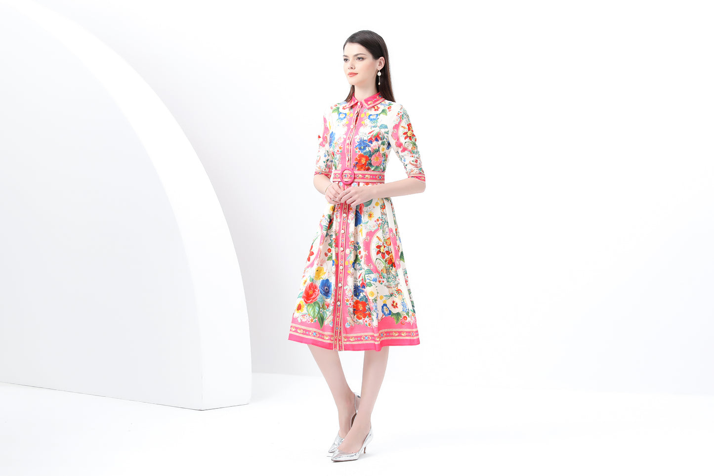 Women's Print Button Collar Short Sleeve Midi Dress