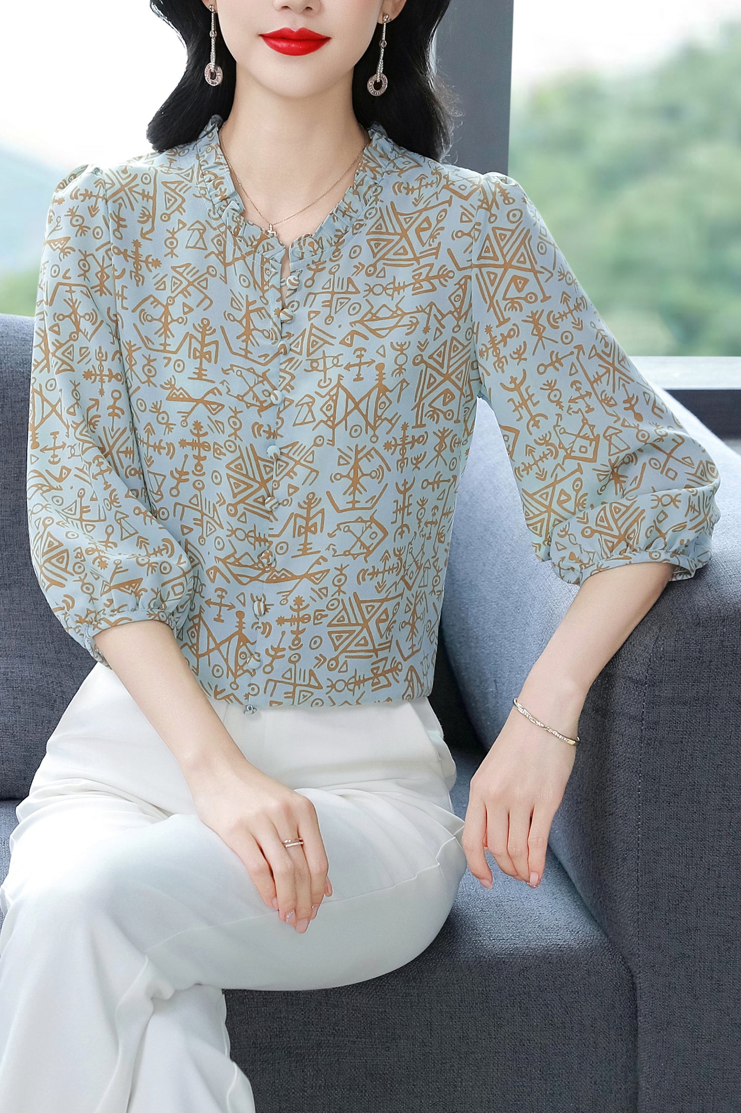 Women's  Floral Print Ruffle Puff Sleeve Blouses Top