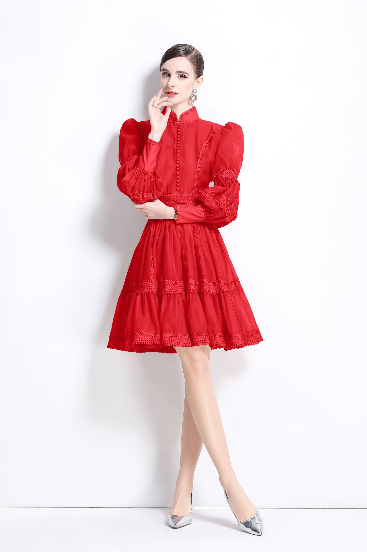 Women's Puff Sleeves Hollow Mesh Pleat Mini Dress