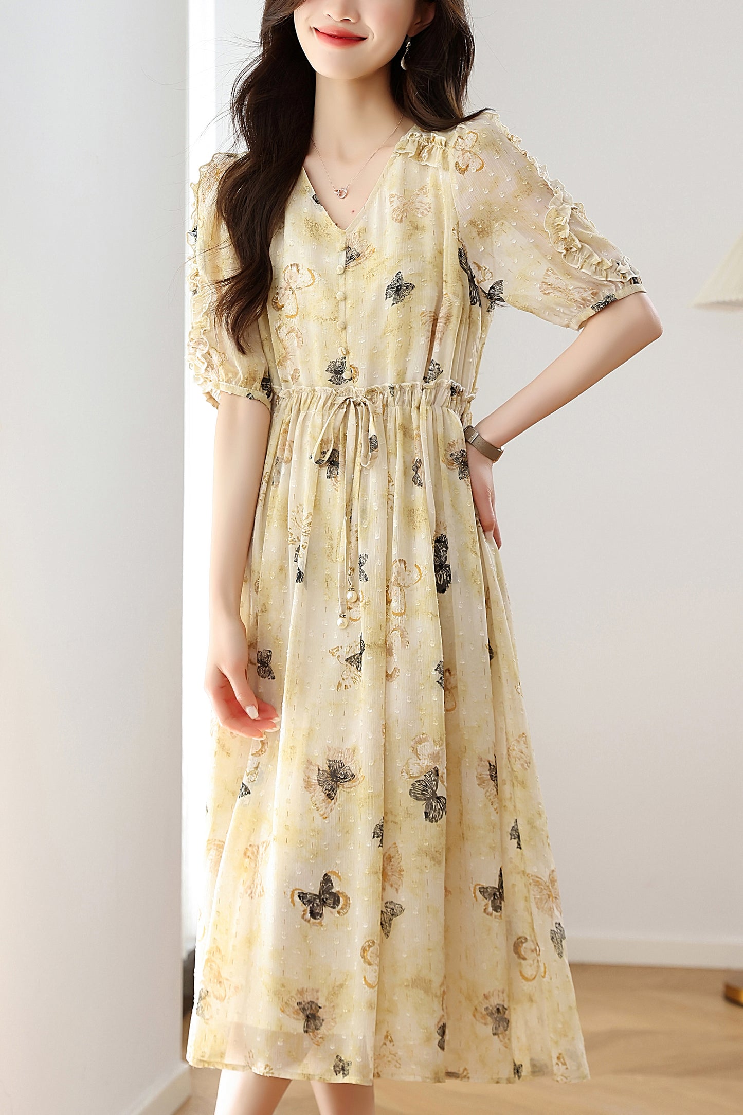 Women's Chffion V-Neck Floral Print Midi Dress