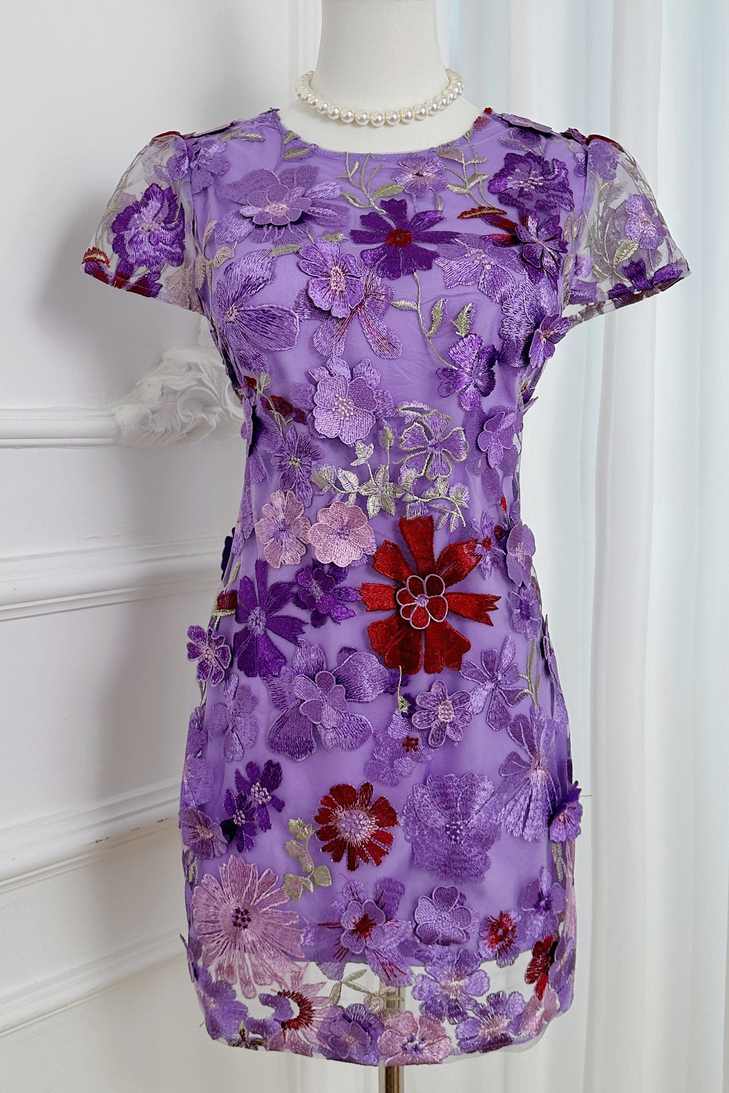 Women's 3D Floral Embroidery Mesh Lace Mini Dress