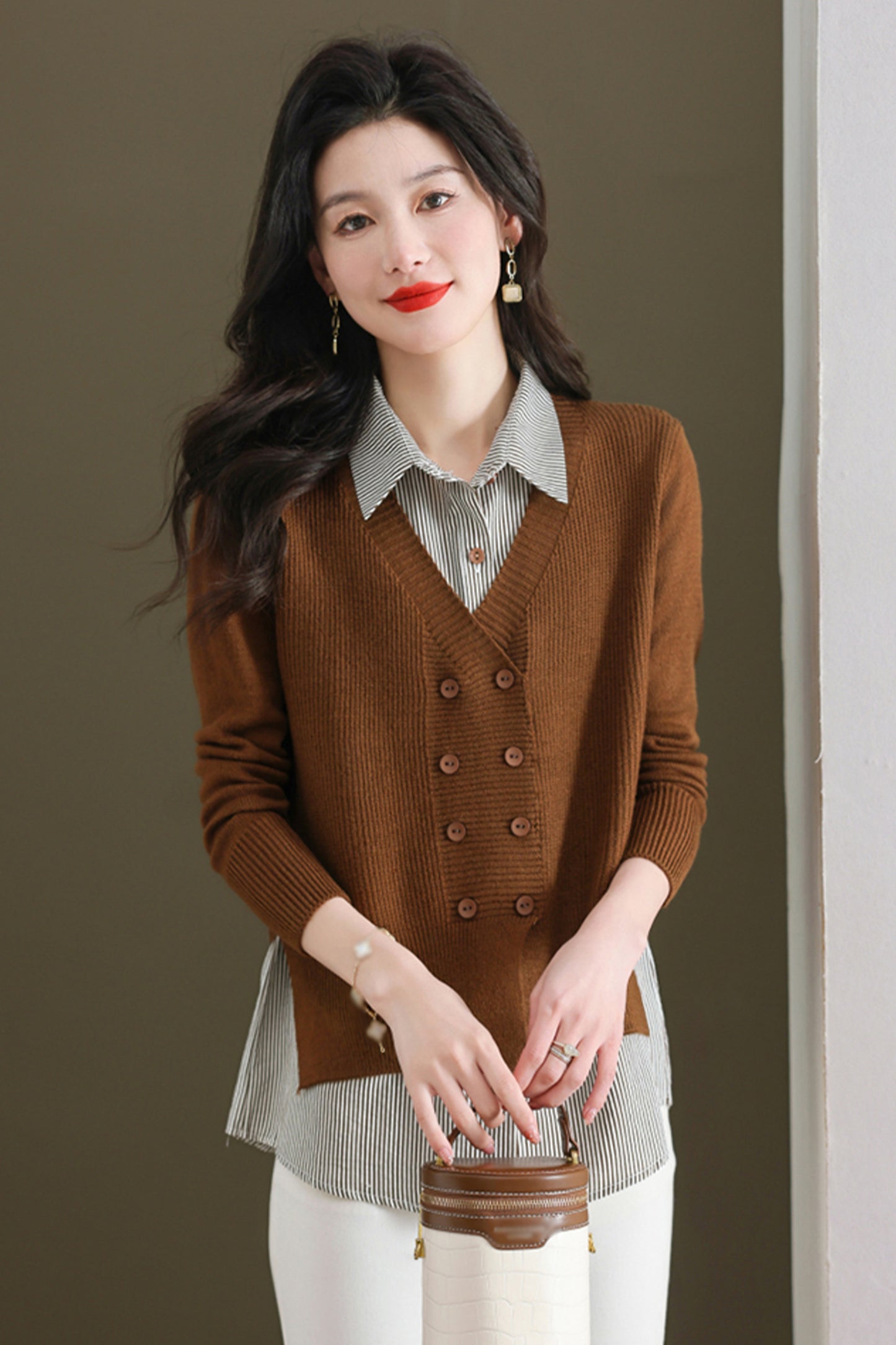 Women's Casual Patchwork Shirt Collar Long Sleeve Cotton Pullover Tops - LAI MENG FIVE CATS