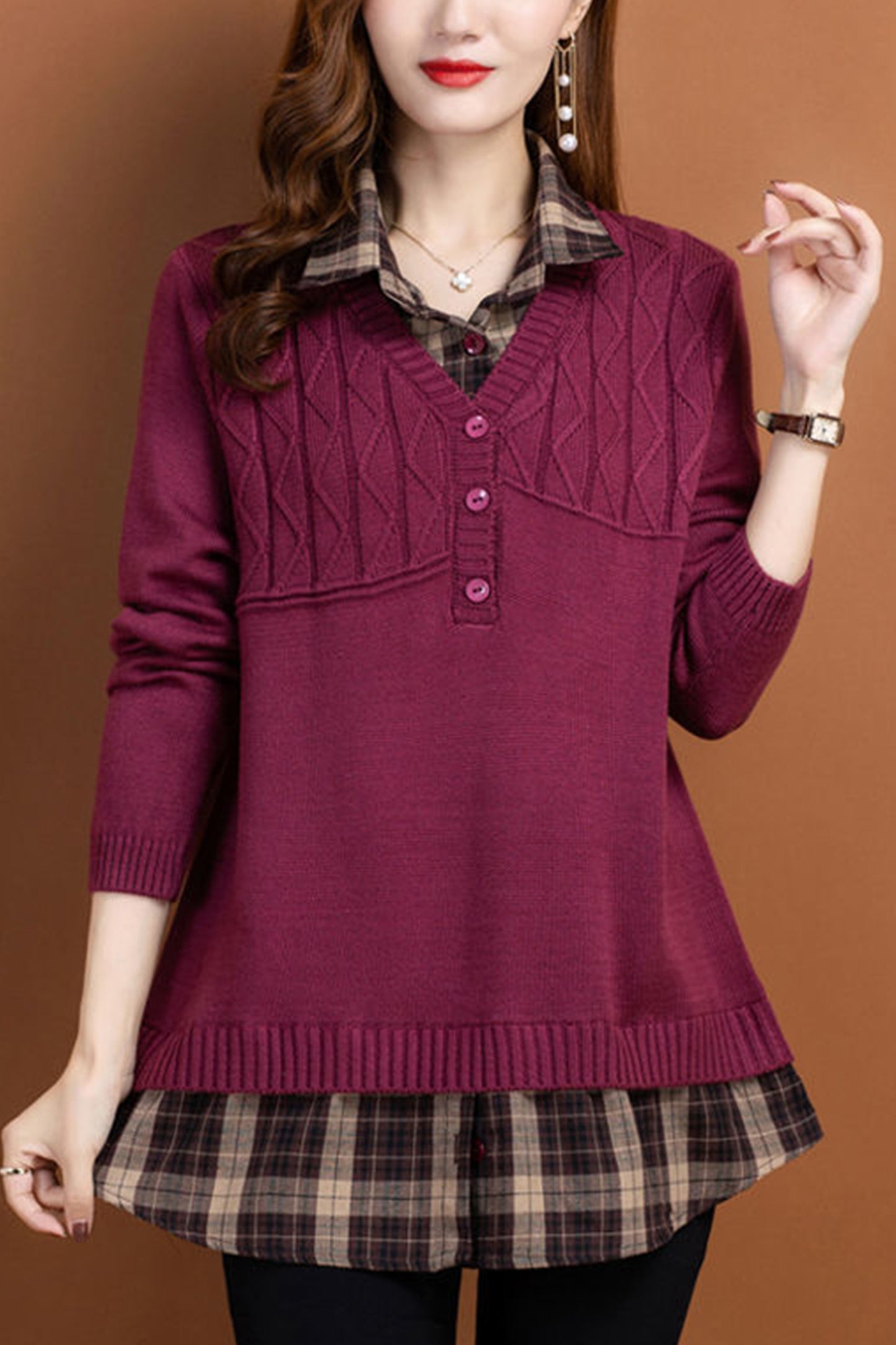Women's V Neck Plaid Layered Look Knit Pullover Tops