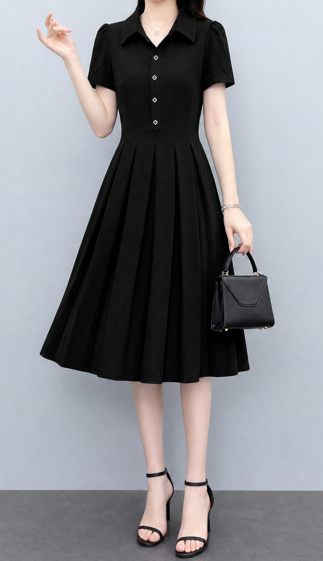 Short Sleeve Stretch Button Front Midi Dress