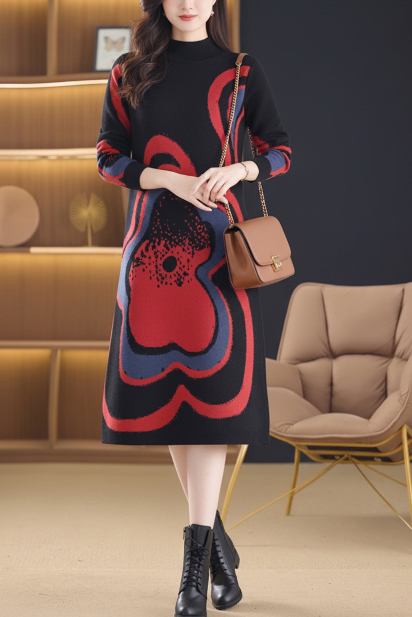 Women's Fashion Print Knit Pullover Sweater Midi Dress