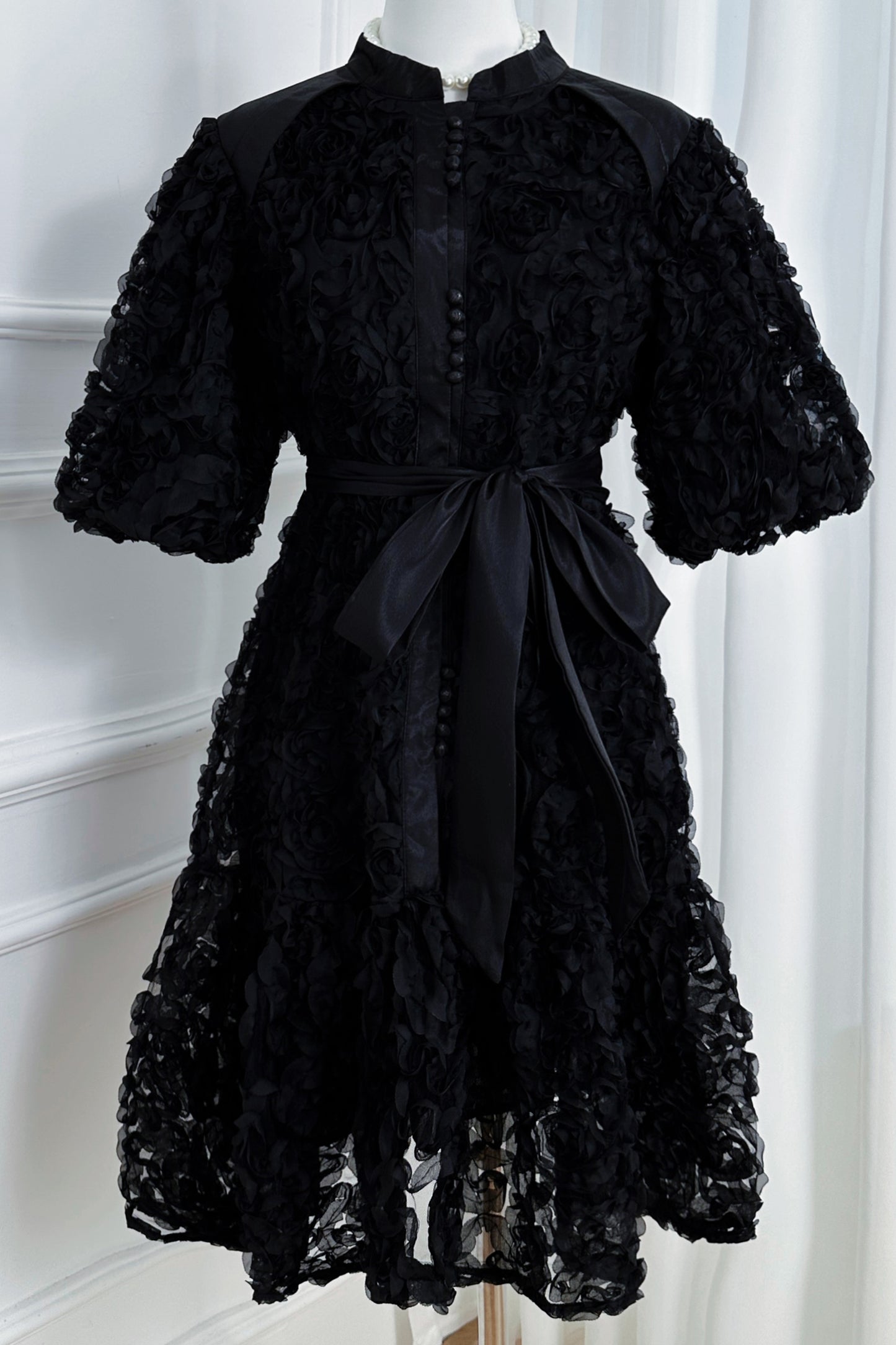 Women 3D Floral Puff Sleeve Ruffle Mini Dress