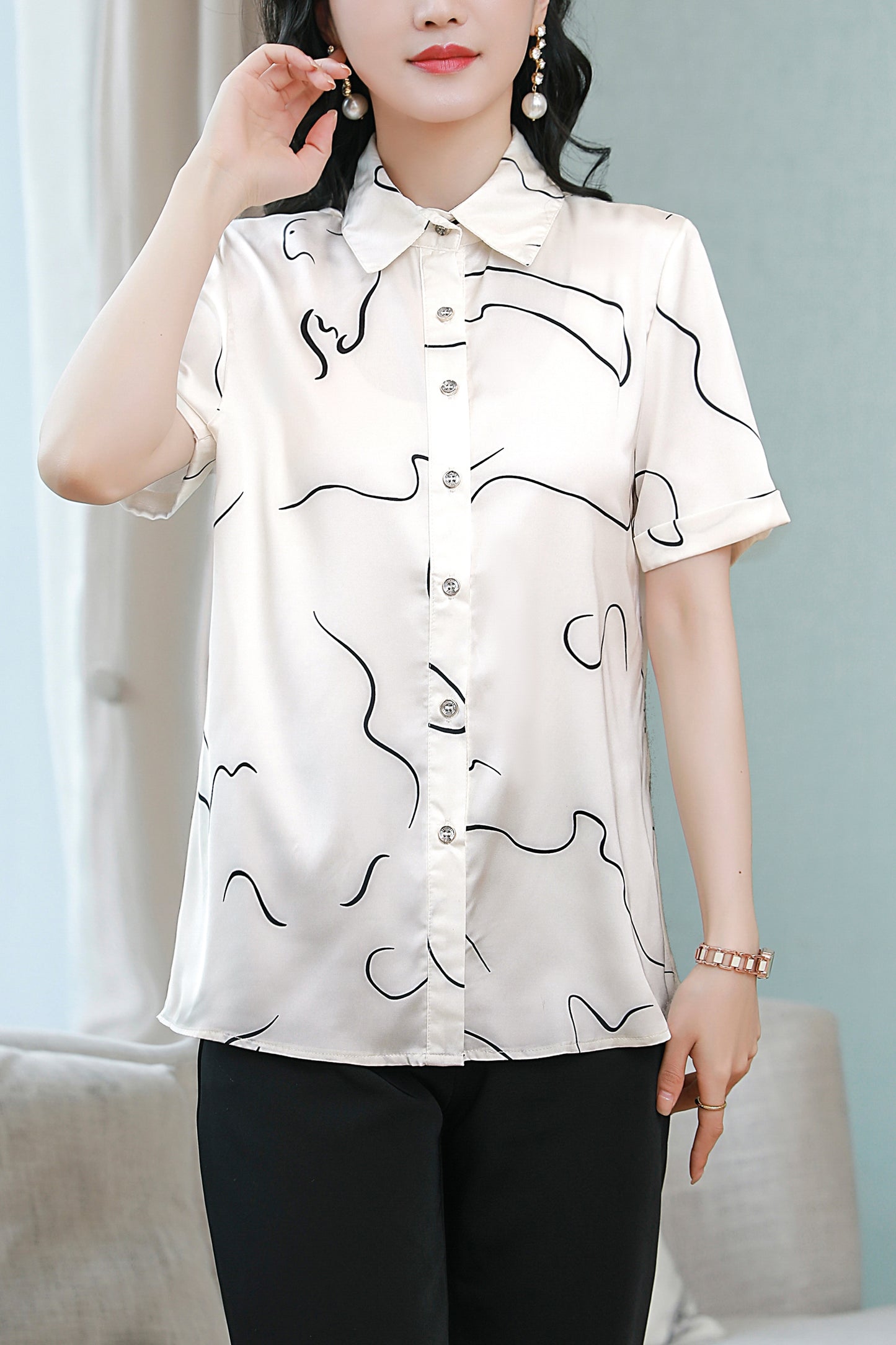 Women's Stain Floral Print Blouse Short Sleeve Tops