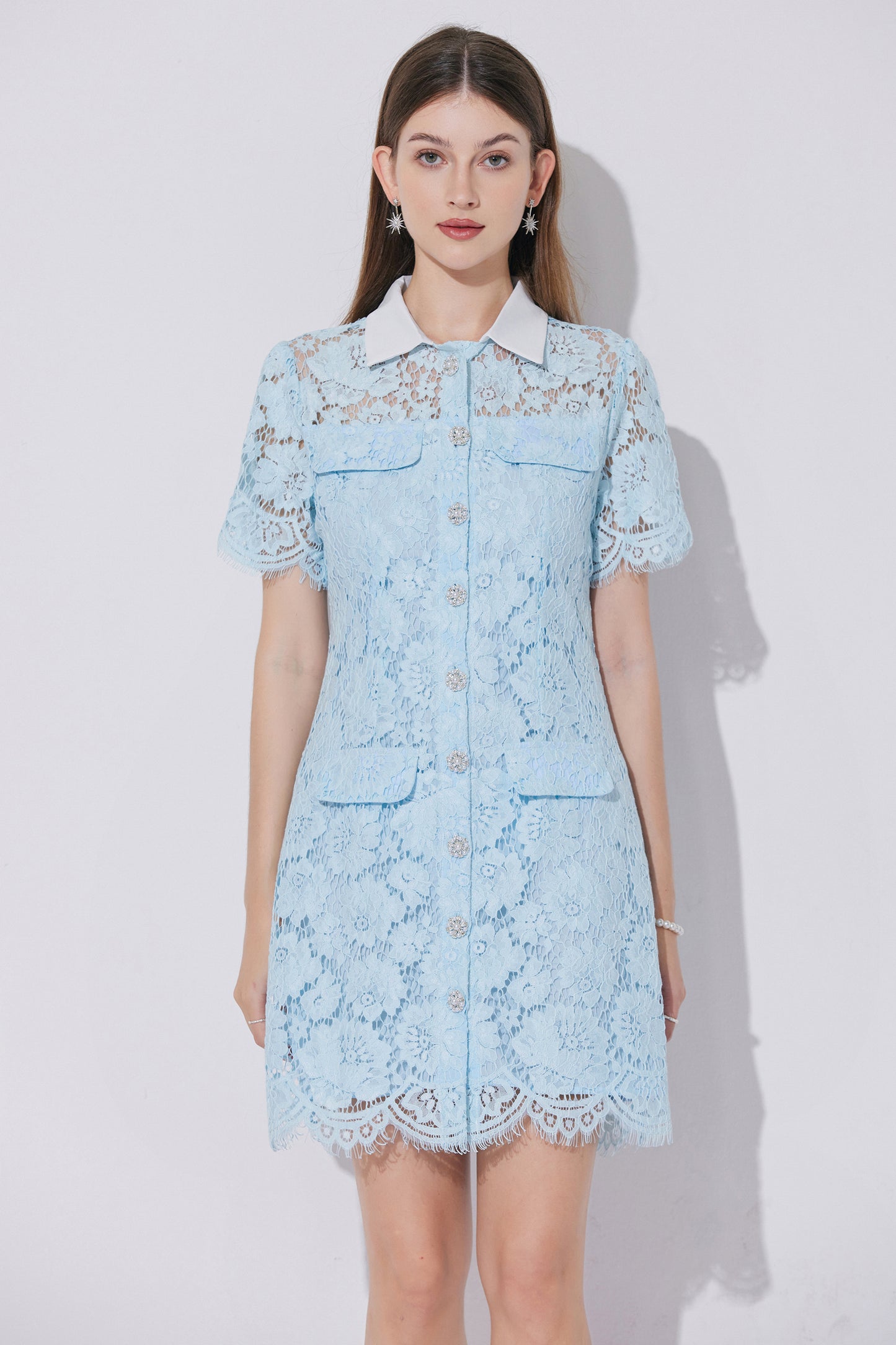 Women's Lace Floral Contrast Collar Mini Dress