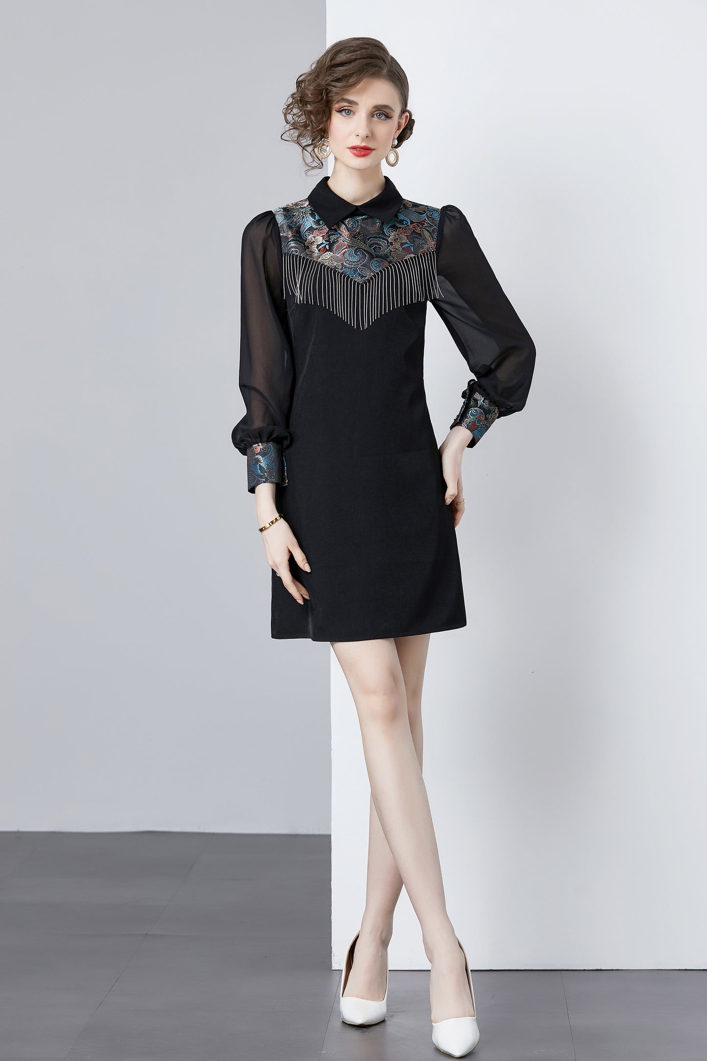 Vintage Women's Elegant Embroidered Hight Neck Mini Dress - LAI MENG FIVE CATS
