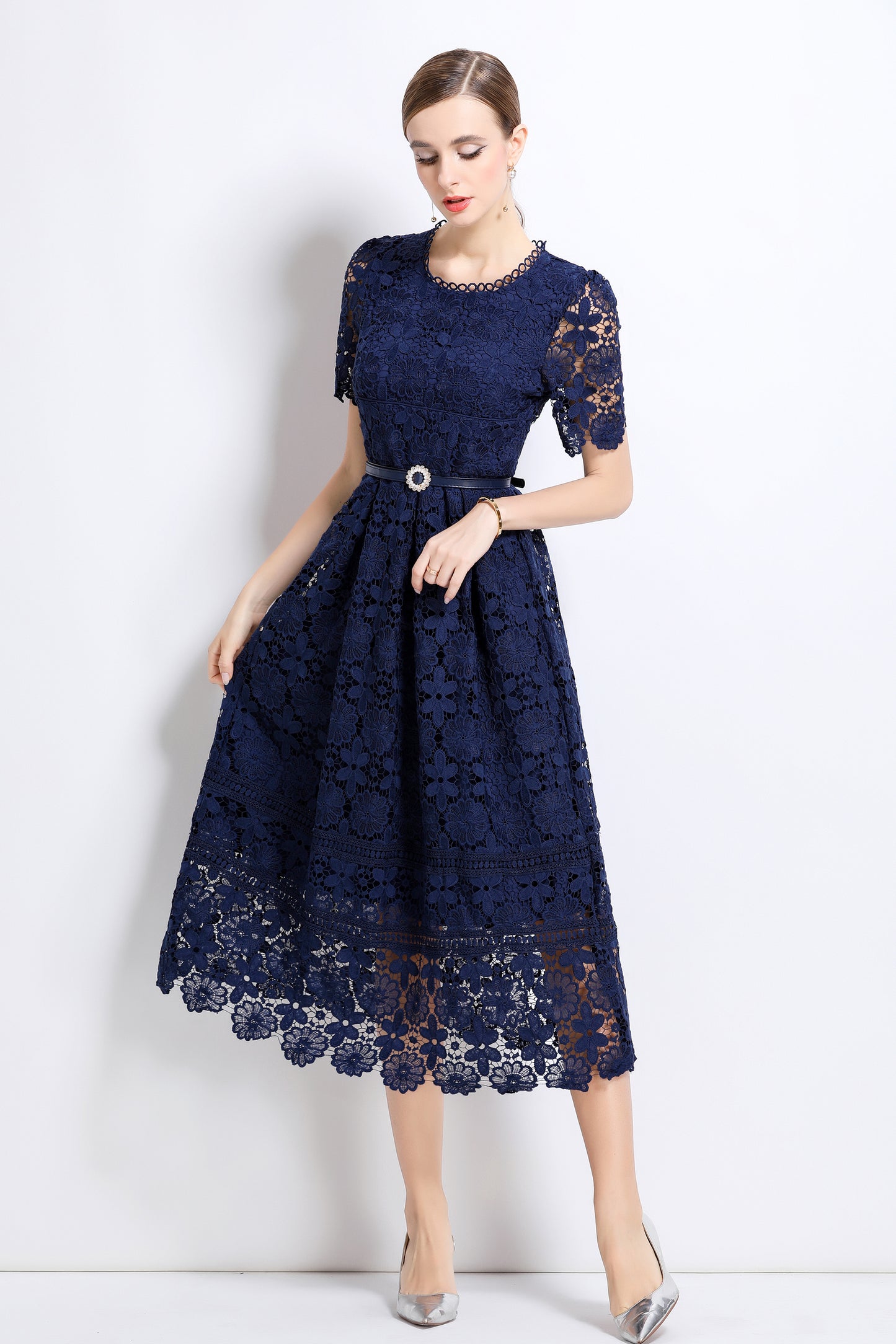 Women's Lace Floral Hollow Short Sleeve Midi Dress