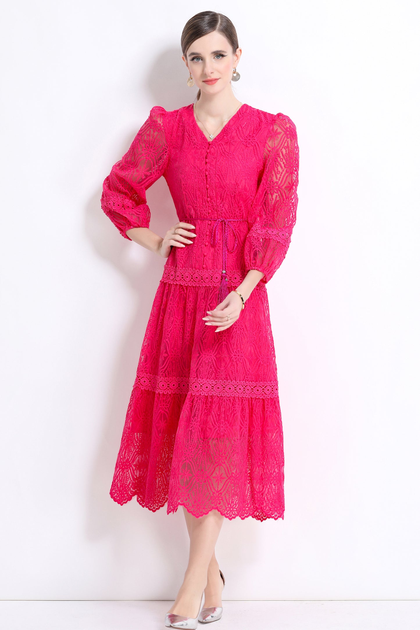 Women's V-Neck Mesh Embroidery Lace Midi Dress