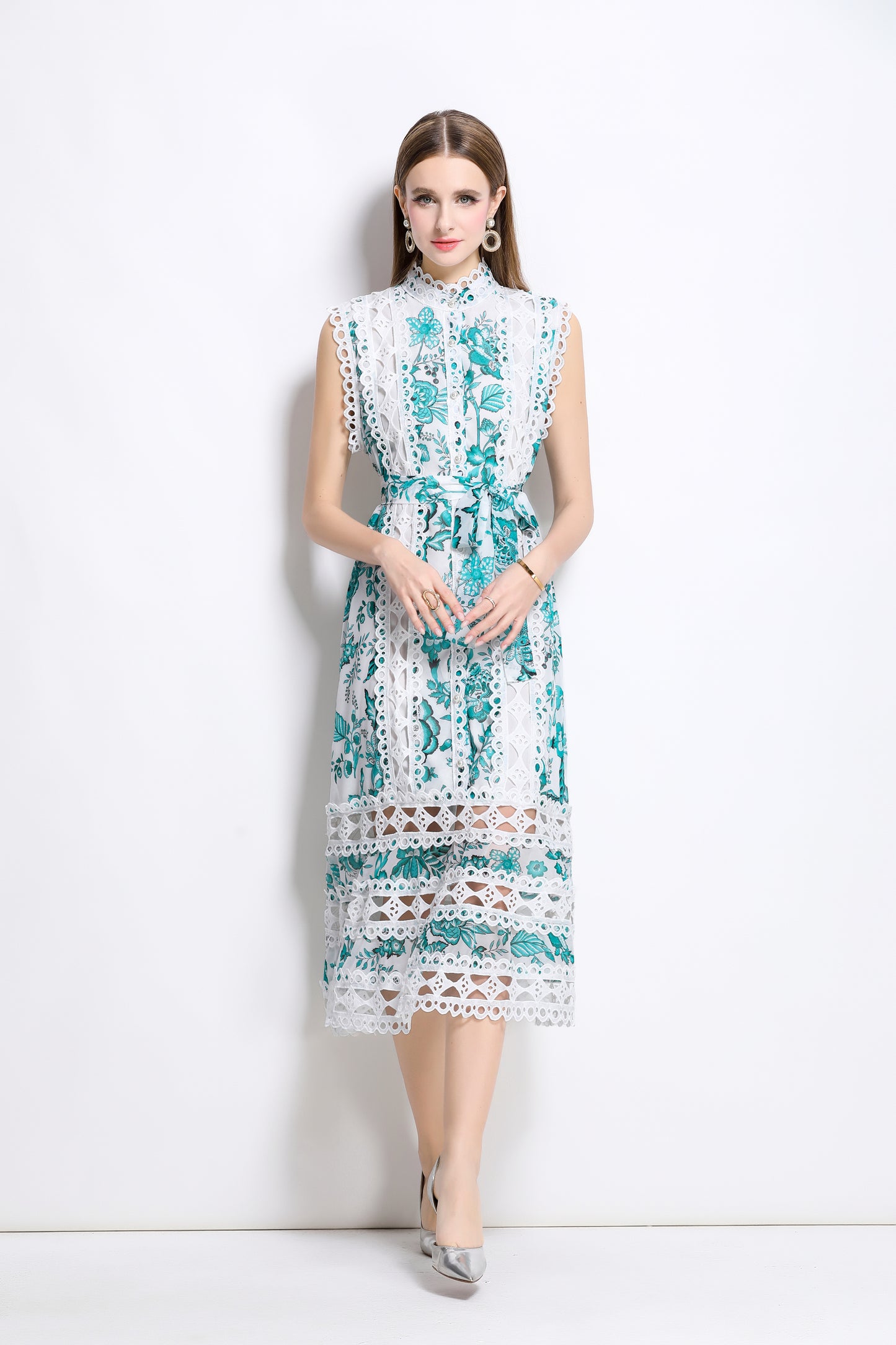 Women's Sleeveless Hollow Out Lace Midi Dress