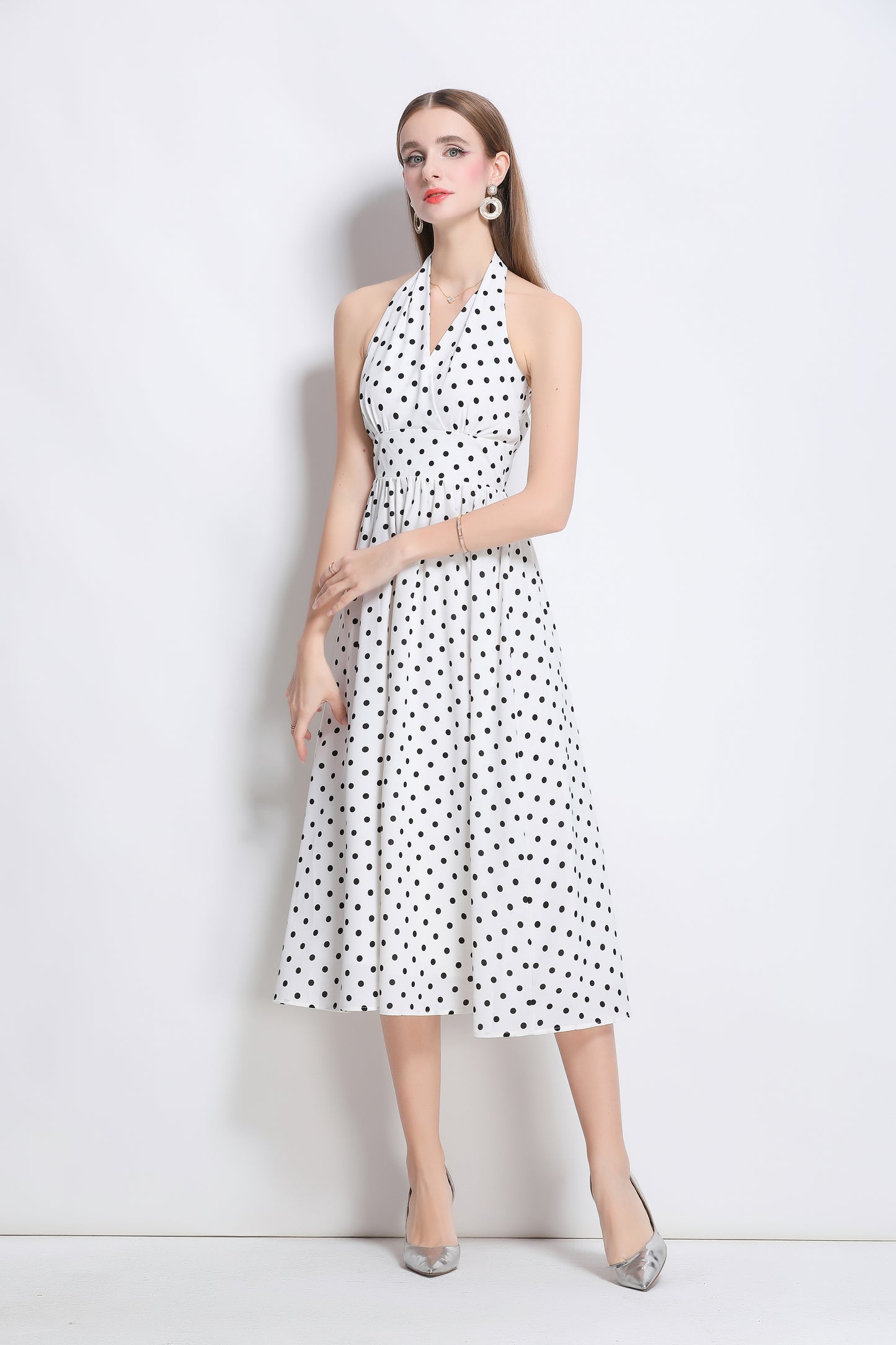 Women's Polka Dot Halter V Neck Backless Midi Dress