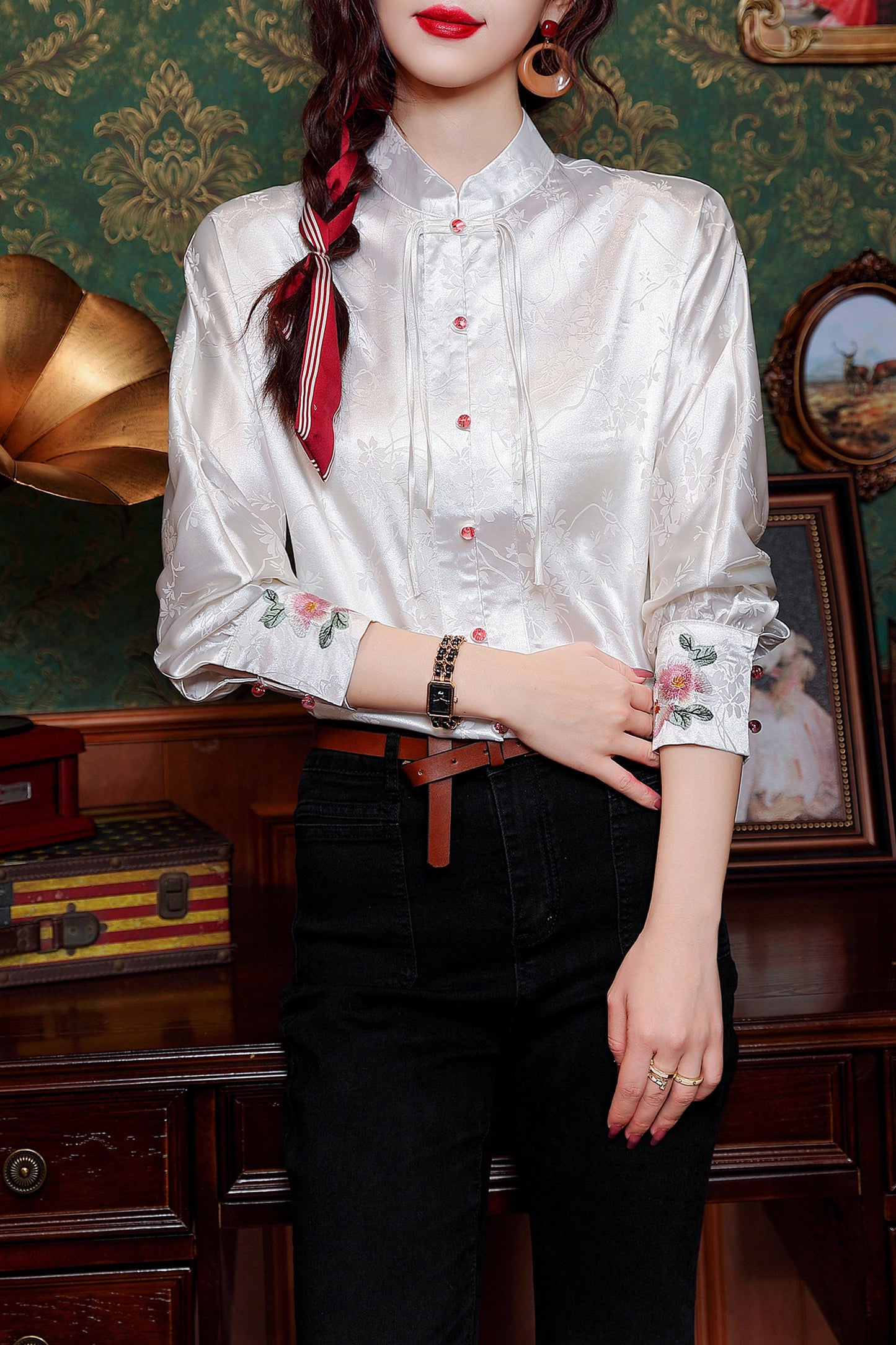Women's Vintage chinese Silk Satin Top Embroidery Jacquard Blouses - LAI MENG FIVE CATS