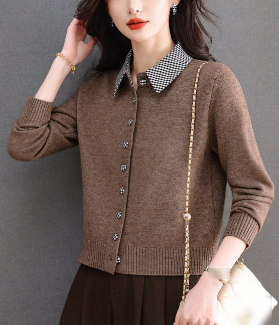 Contrast Gingham Collar Knit Cardigan – Vintage Button Sweater Top