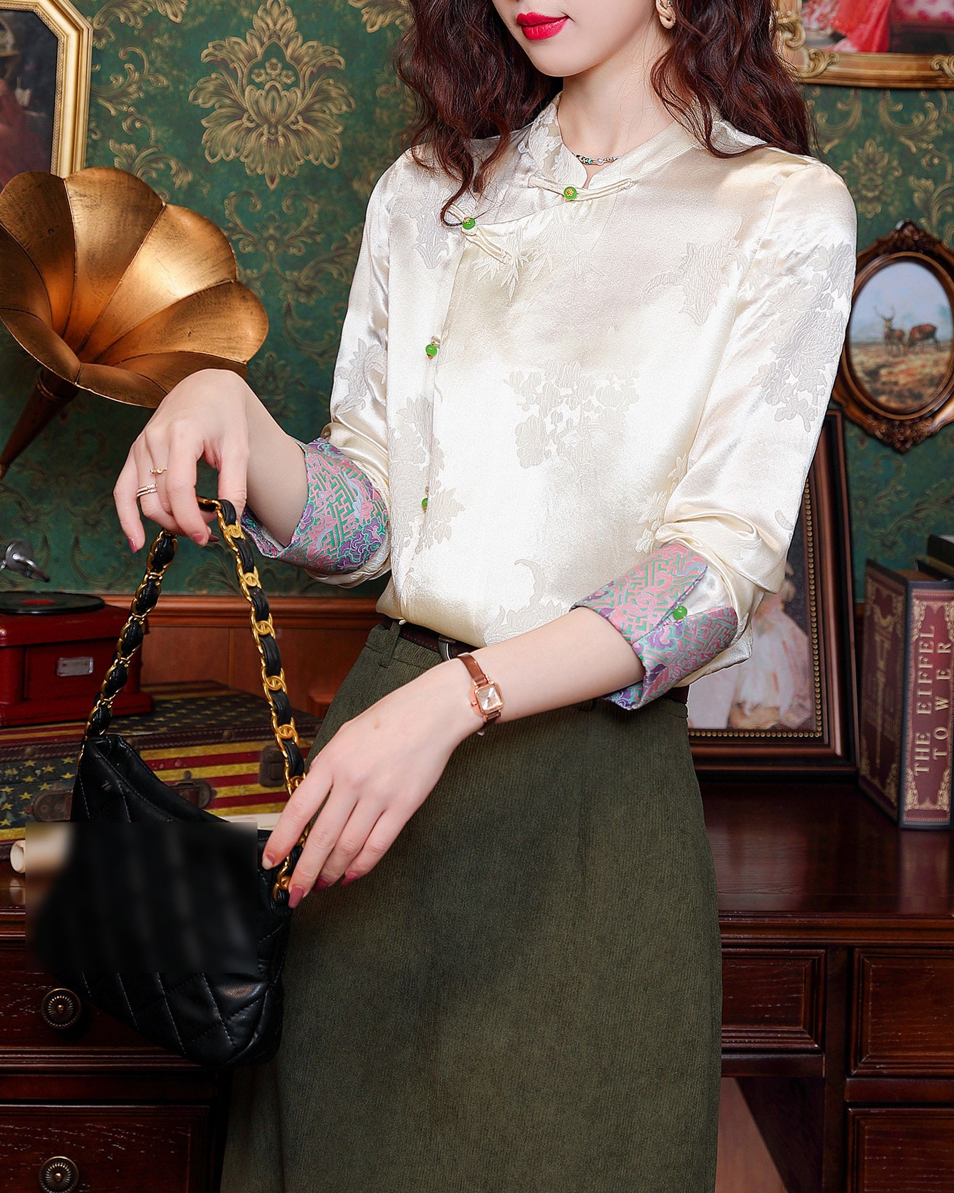 Women's Vintage chinese Silk Satin Top Embroidery Jacquard Blouses - LAI MENG FIVE CATS